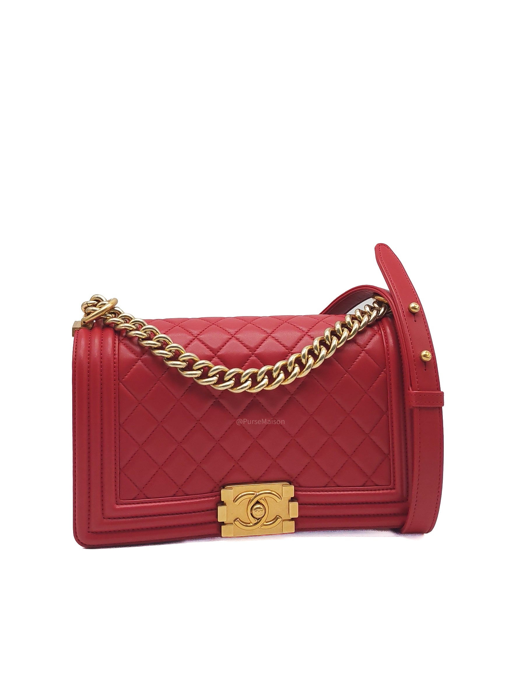 Chanel Le Boy Old Medium in Red Lambskin Leather in Red Aged Gold Hardware (Series 23) | Purse Maison Luxury Bags Shop