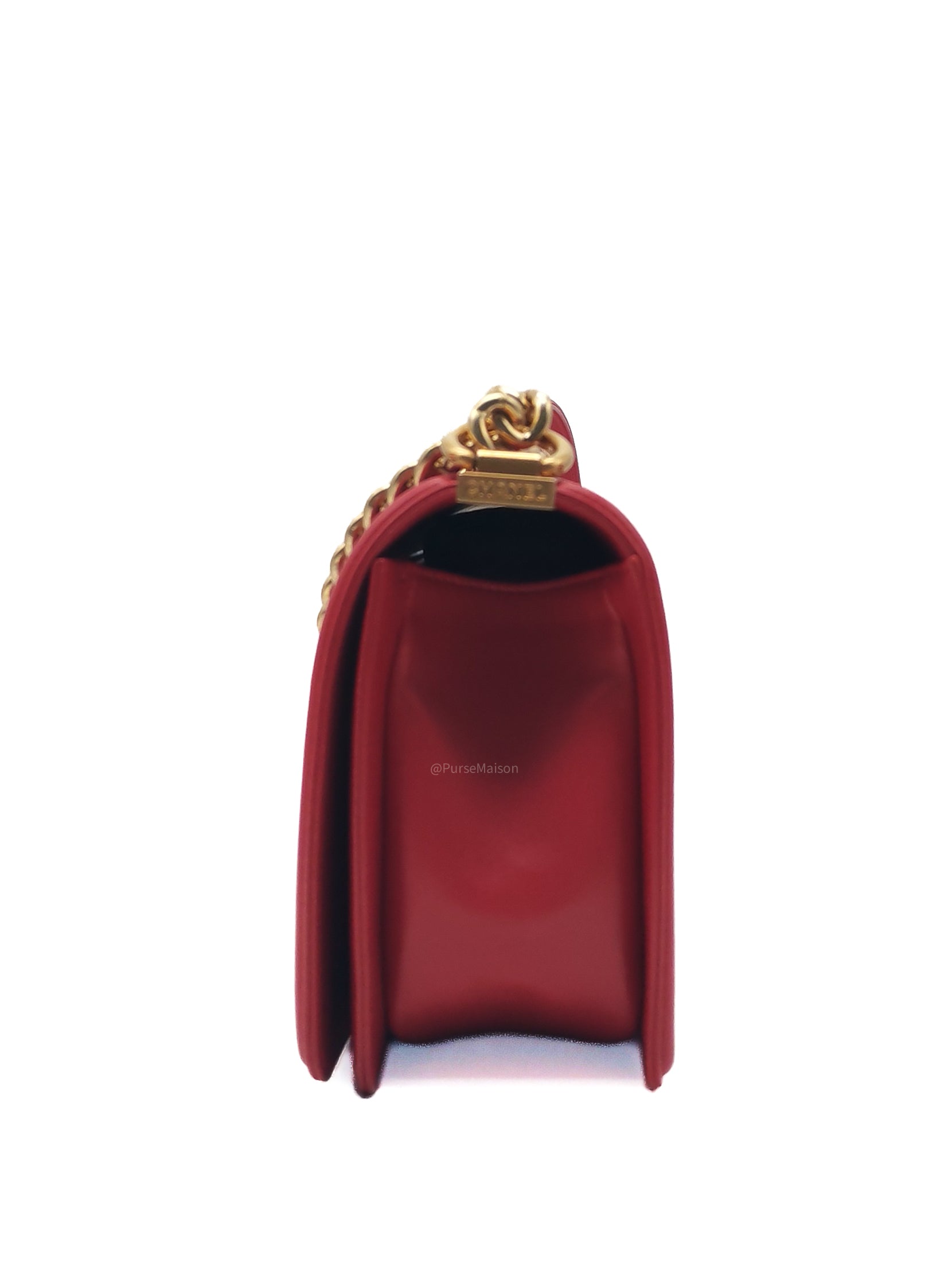 Chanel Le Boy Old Medium in Red Lambskin Leather in Red Aged Gold Hardware (Series 23) | Purse Maison Luxury Bags Shop