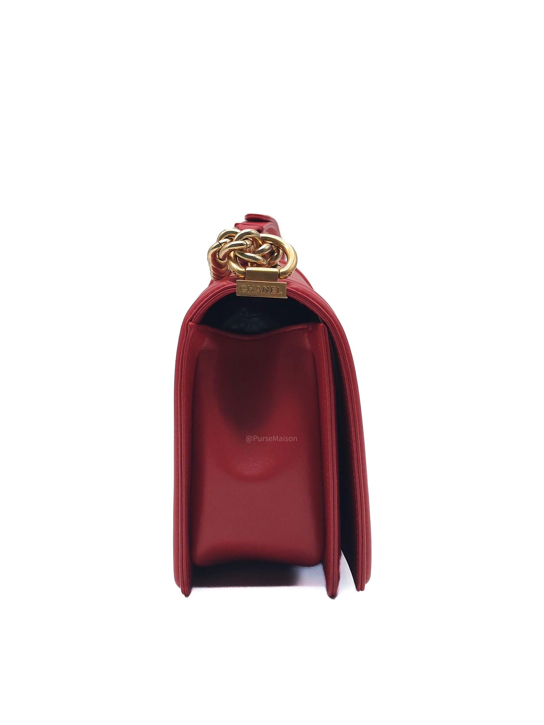 Chanel Le Boy Old Medium in Red Lambskin Leather in Red Aged Gold Hardware (Series 23) | Purse Maison Luxury Bags Shop