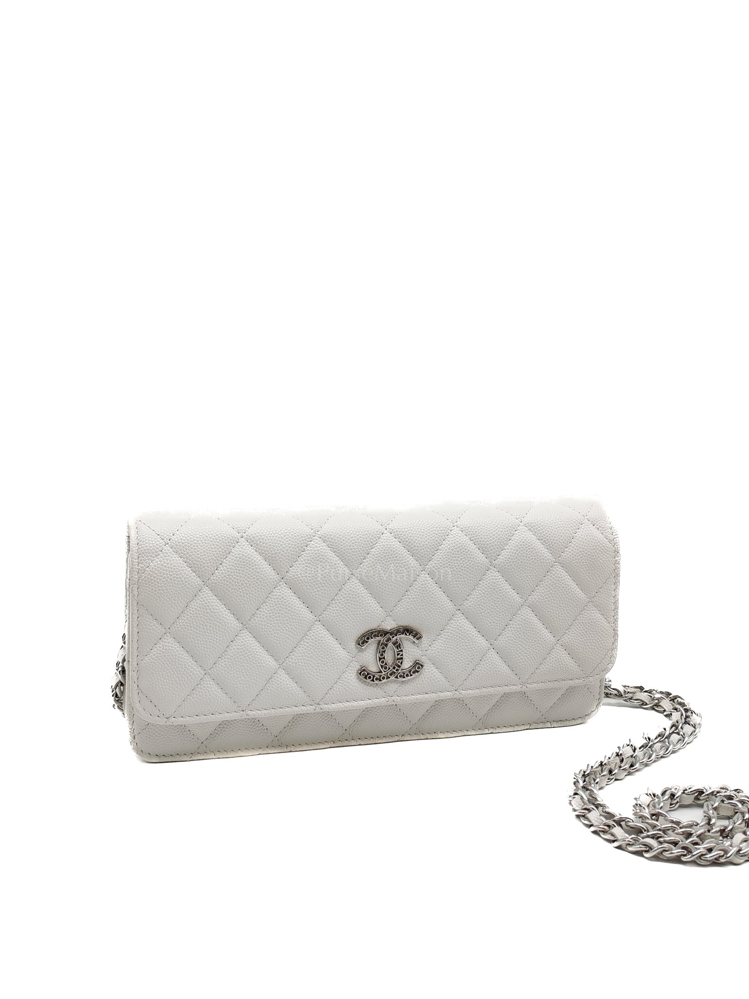 Chanel Long Wallet on Chain in White Caviar Leather Silver Hardware (Microchip) | Purse Maison Luxury Bags Shop