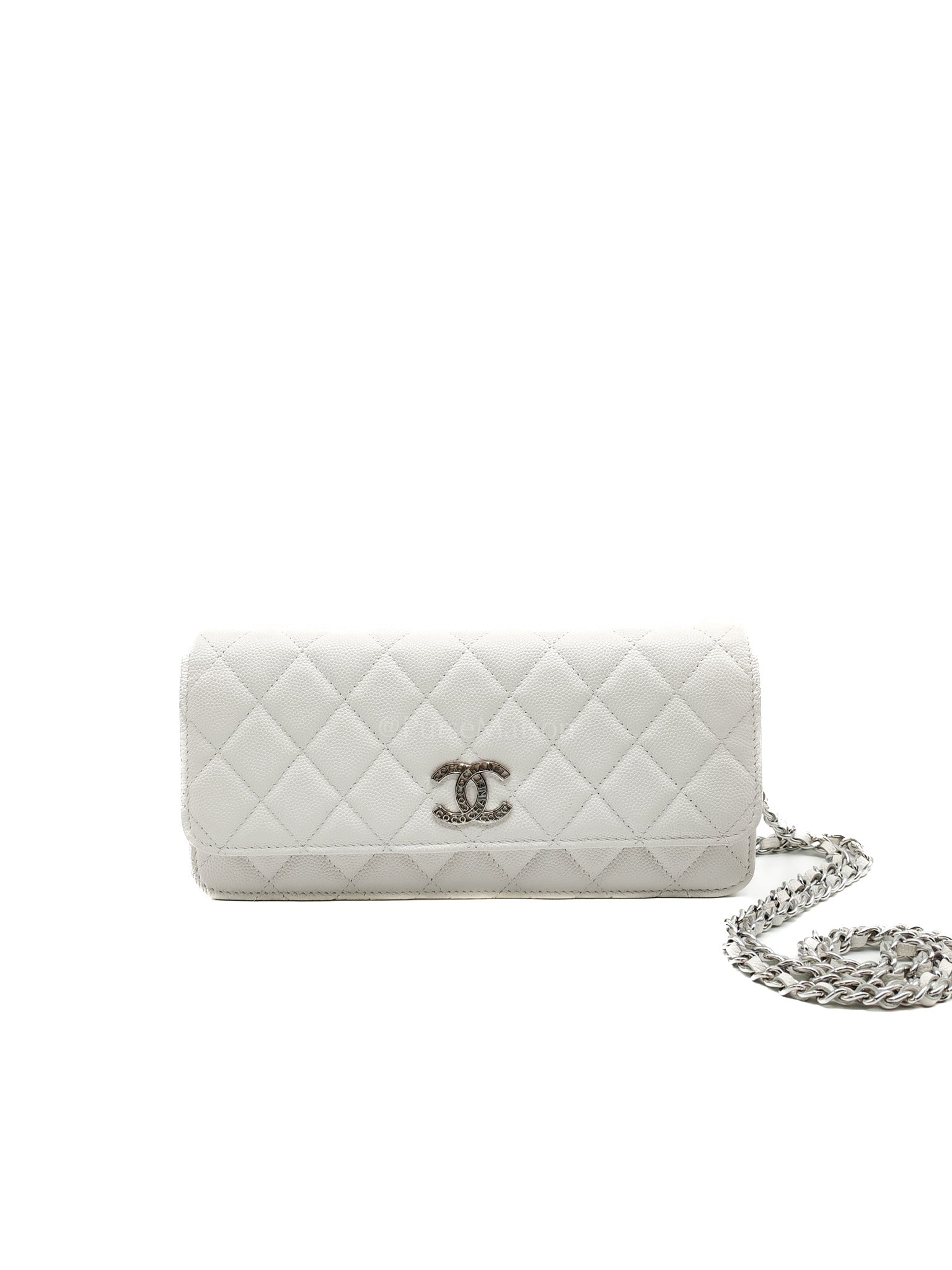Chanel Long Wallet on Chain in White Caviar Leather Silver Hardware (Microchip) | Purse Maison Luxury Bags Shop