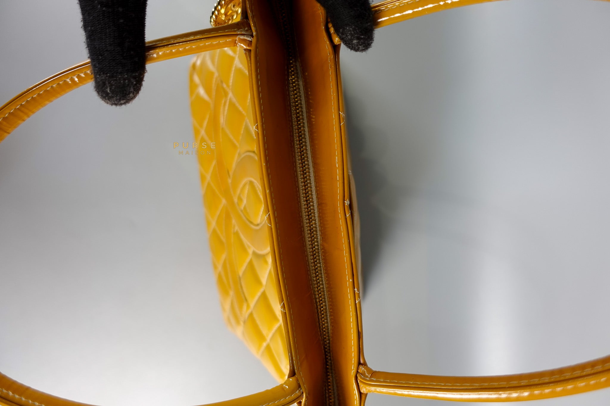 Medallion Yellow Mustard Vintage Patent Leather Handbag and Gold Hardware Series 7 | Purse Maison Luxury Bags Shop