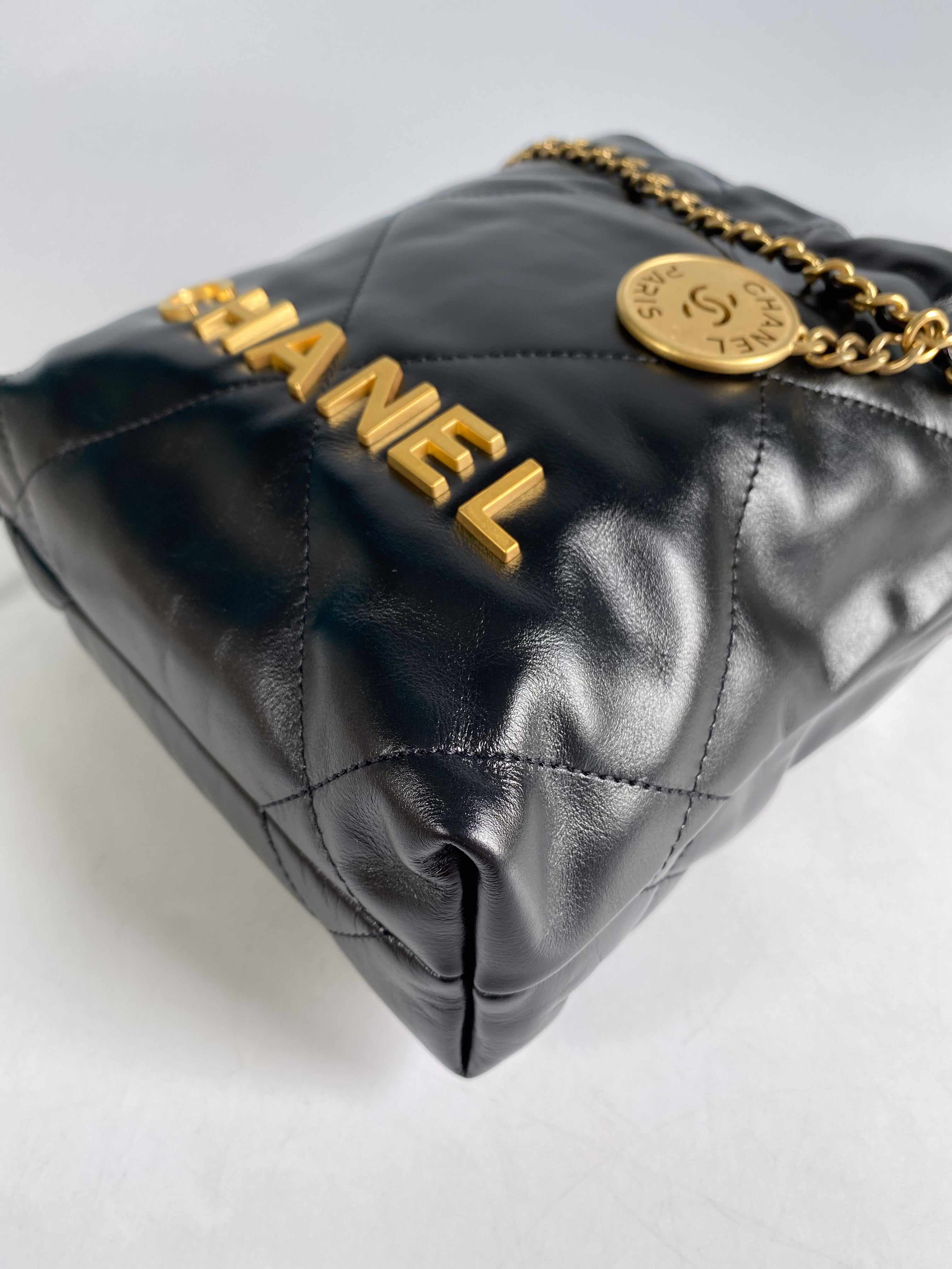 Chanel Mini 22 Black Calfskin Leather and Gold Hardware (Microchip)