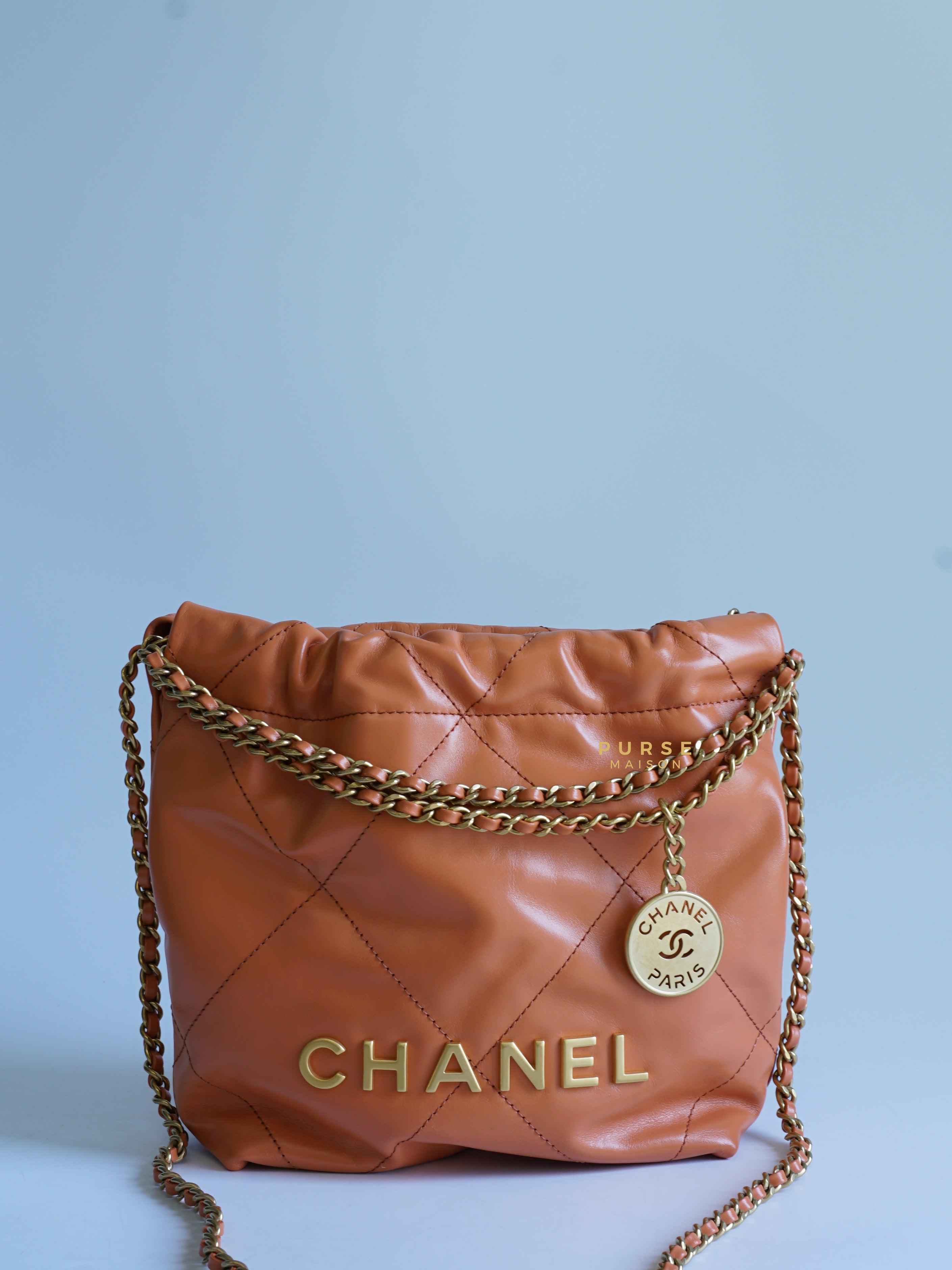 Chanel Mini 22 Shiny Calfskin 23A Gold/Tan (Microchip)