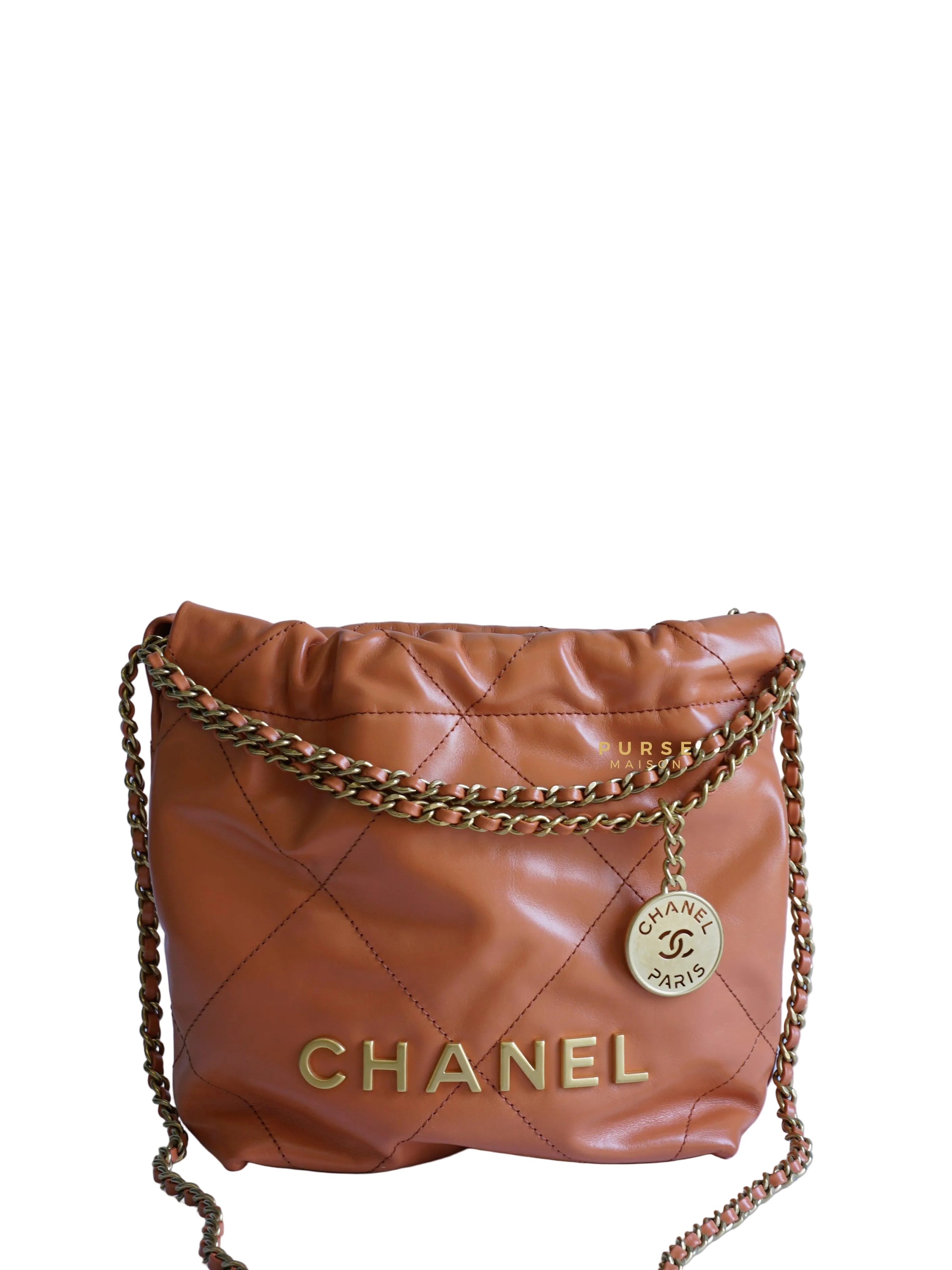 Chanel Mini 22 Shiny Calfskin 23A Gold/Tan (Microchip)