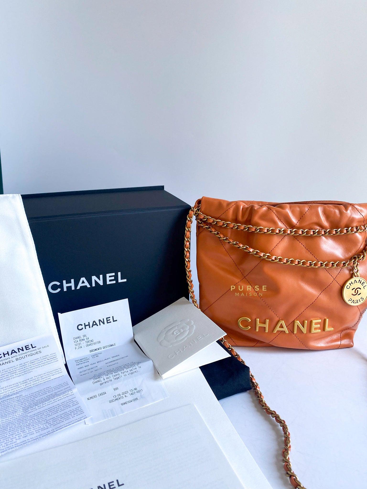 Chanel Mini 22 Shiny Calfskin 23A Gold/Tan (Microchip)