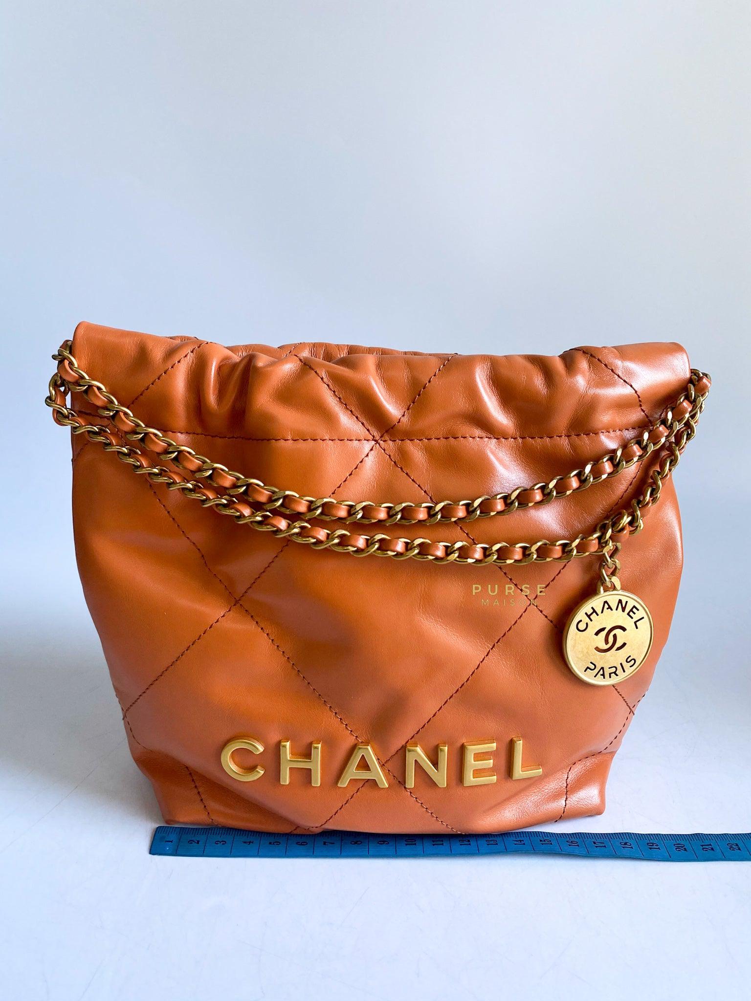 Chanel Mini 22 Shiny Calfskin 23A Gold/Tan (Microchip)