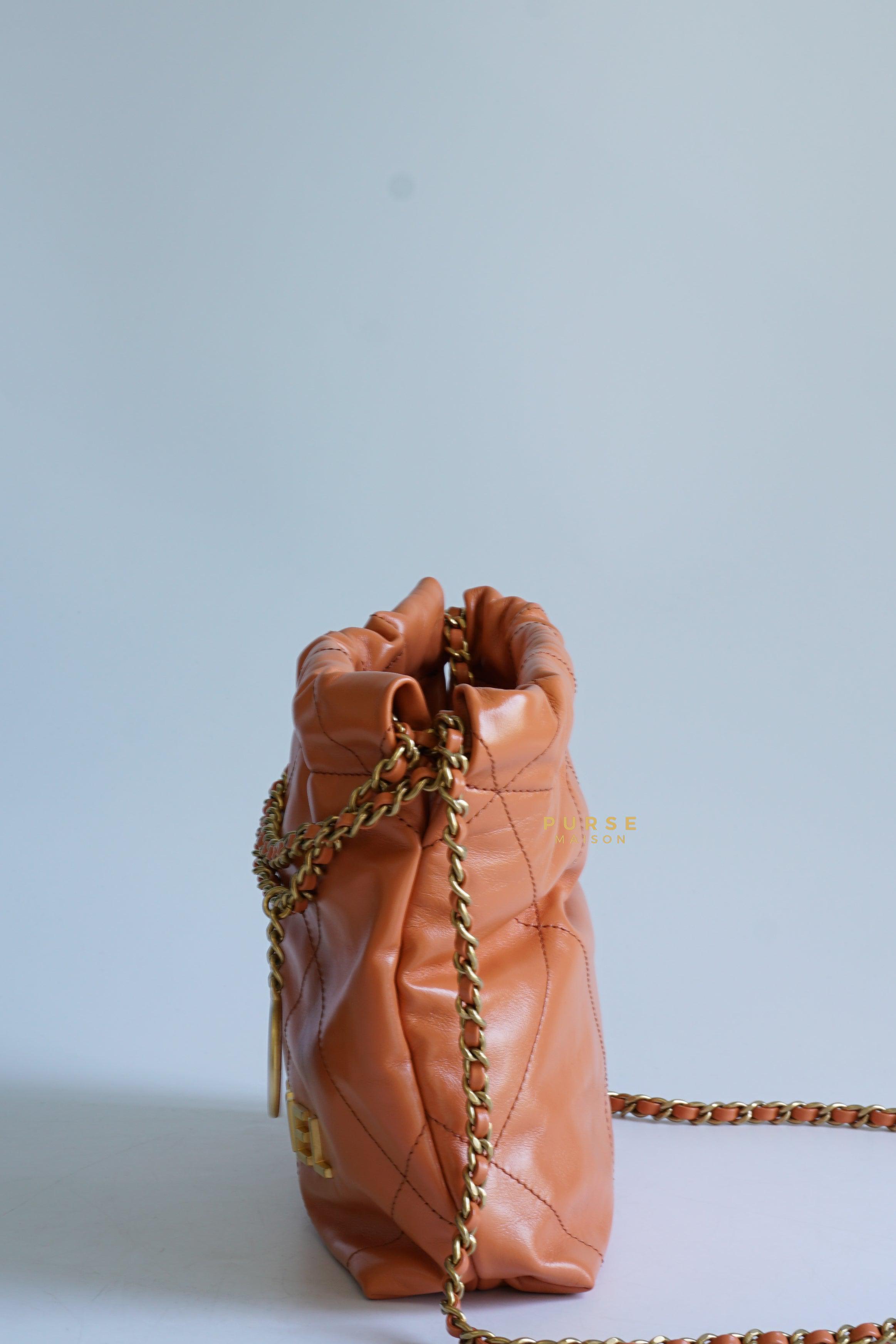 Chanel Mini 22 Shiny Calfskin 23A Gold/Tan (Microchip)