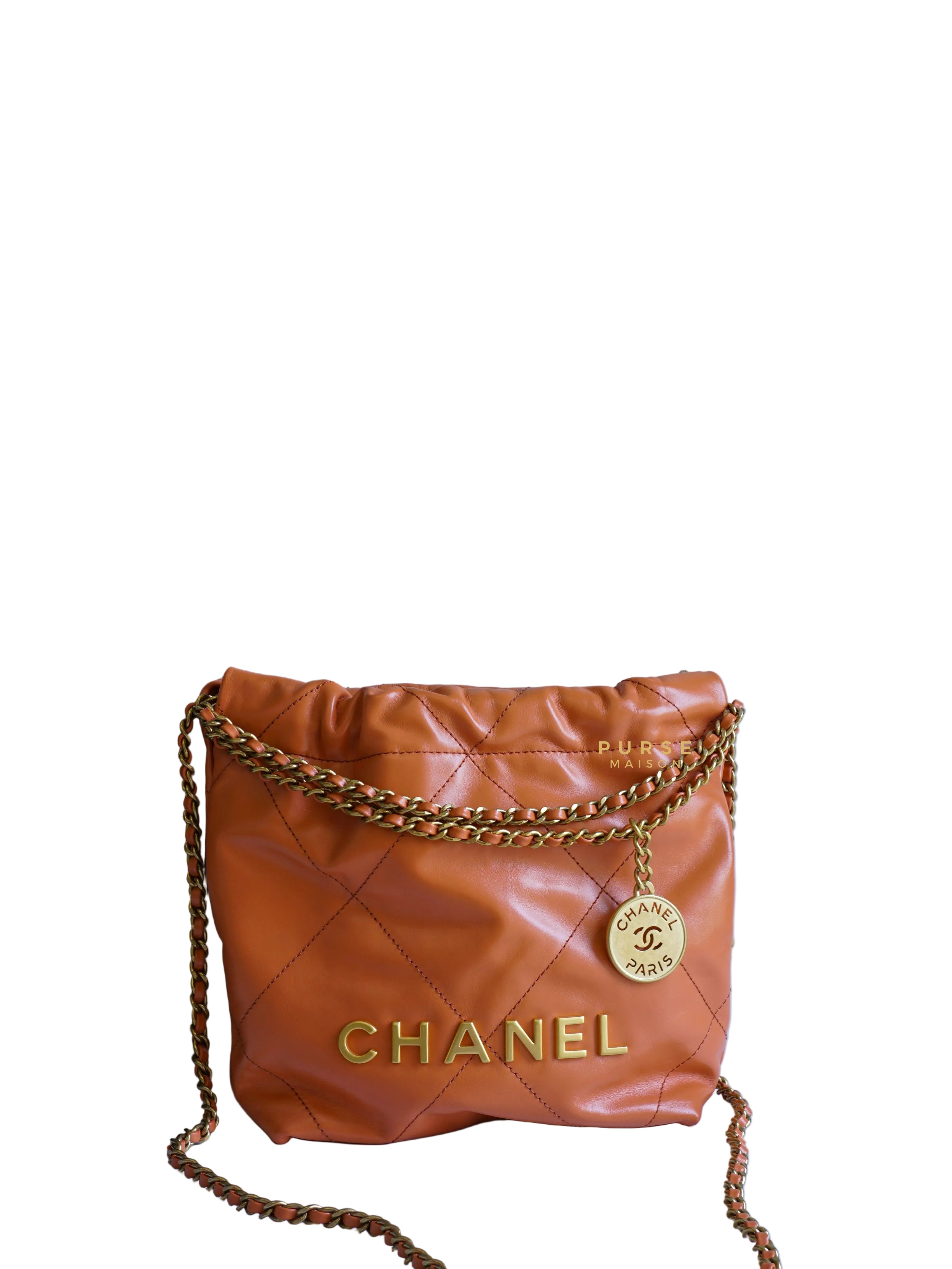 Chanel Mini 22 Shiny Calfskin 23A Gold/Tan (Microchip)