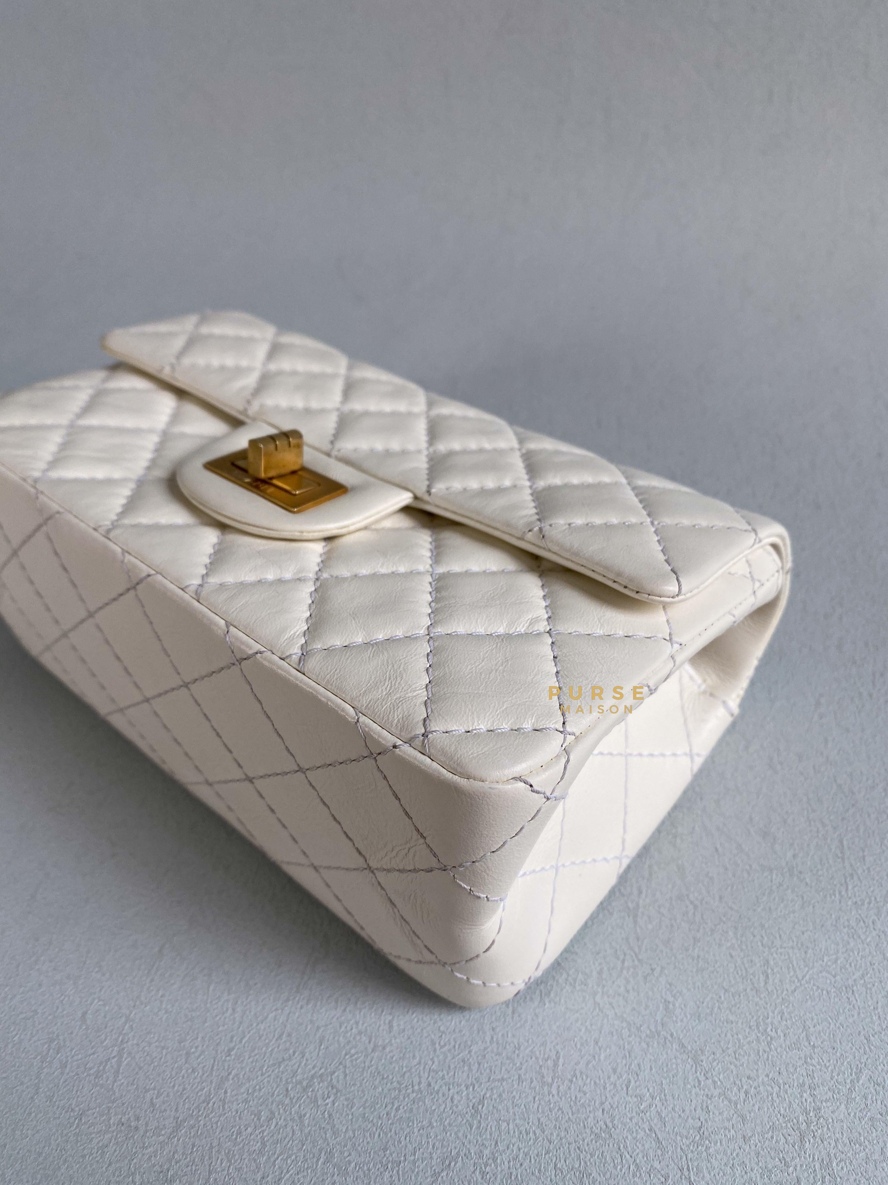 Chanel Mini 2.55 Reissue White Distressed Calfskin & Aged Gold Hardware (Microchip) | Purse Maison Luxury Bags Shop