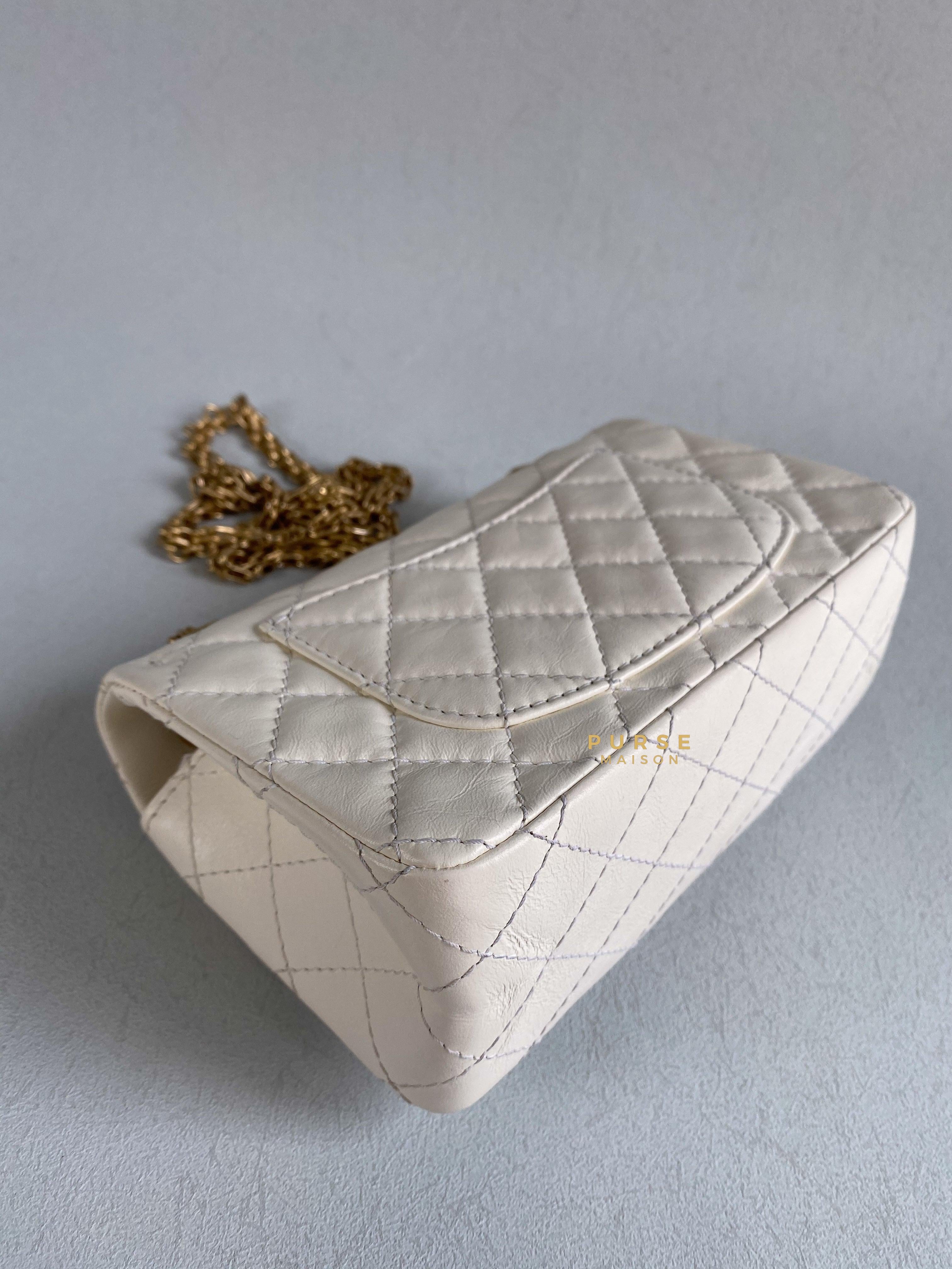 Chanel Mini 2.55 Reissue White Distressed Calfskin & Aged Gold Hardware (Microchip) | Purse Maison Luxury Bags Shop