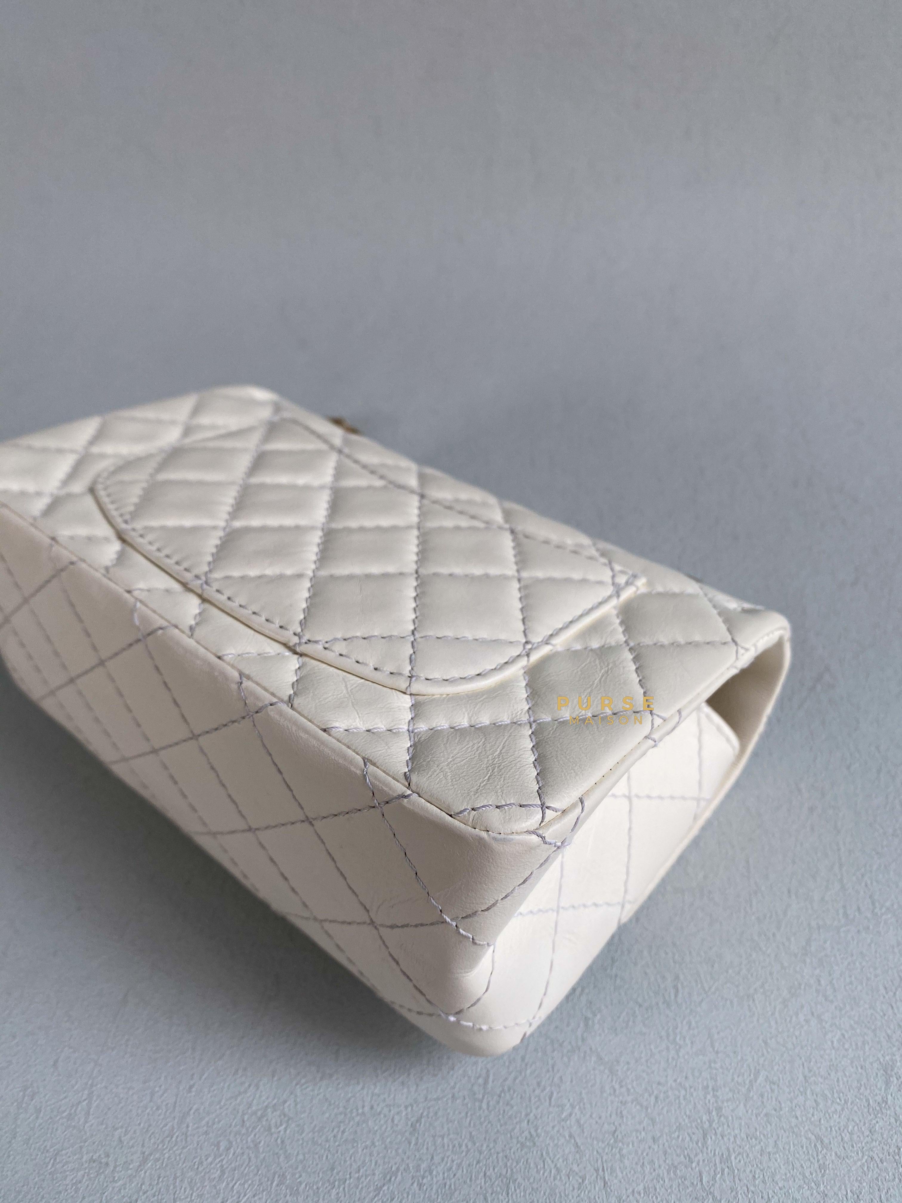 Chanel Mini 2.55 Reissue White Distressed Calfskin & Aged Gold Hardware (Microchip) | Purse Maison Luxury Bags Shop
