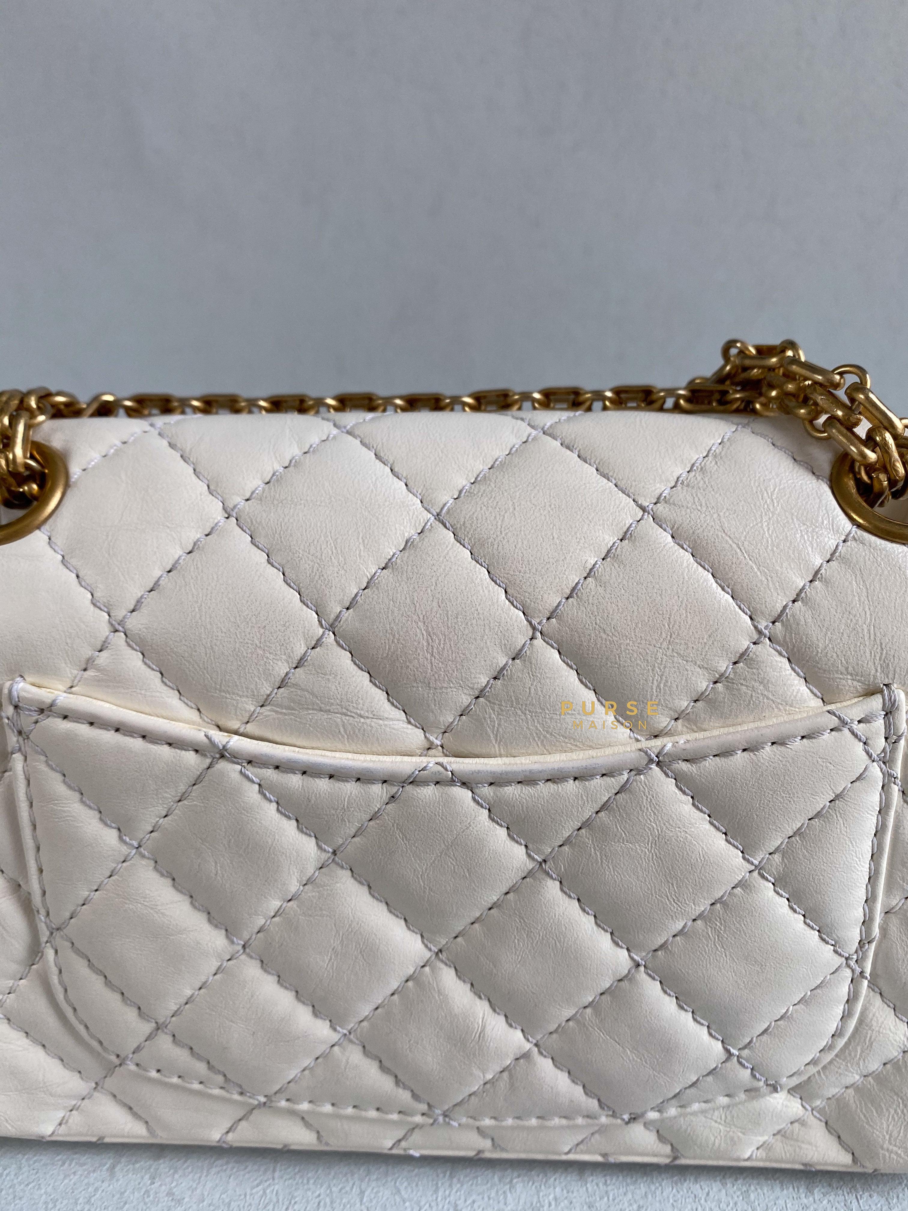 Chanel Mini 2.55 Reissue White Distressed Calfskin & Aged Gold Hardware (Microchip) | Purse Maison Luxury Bags Shop