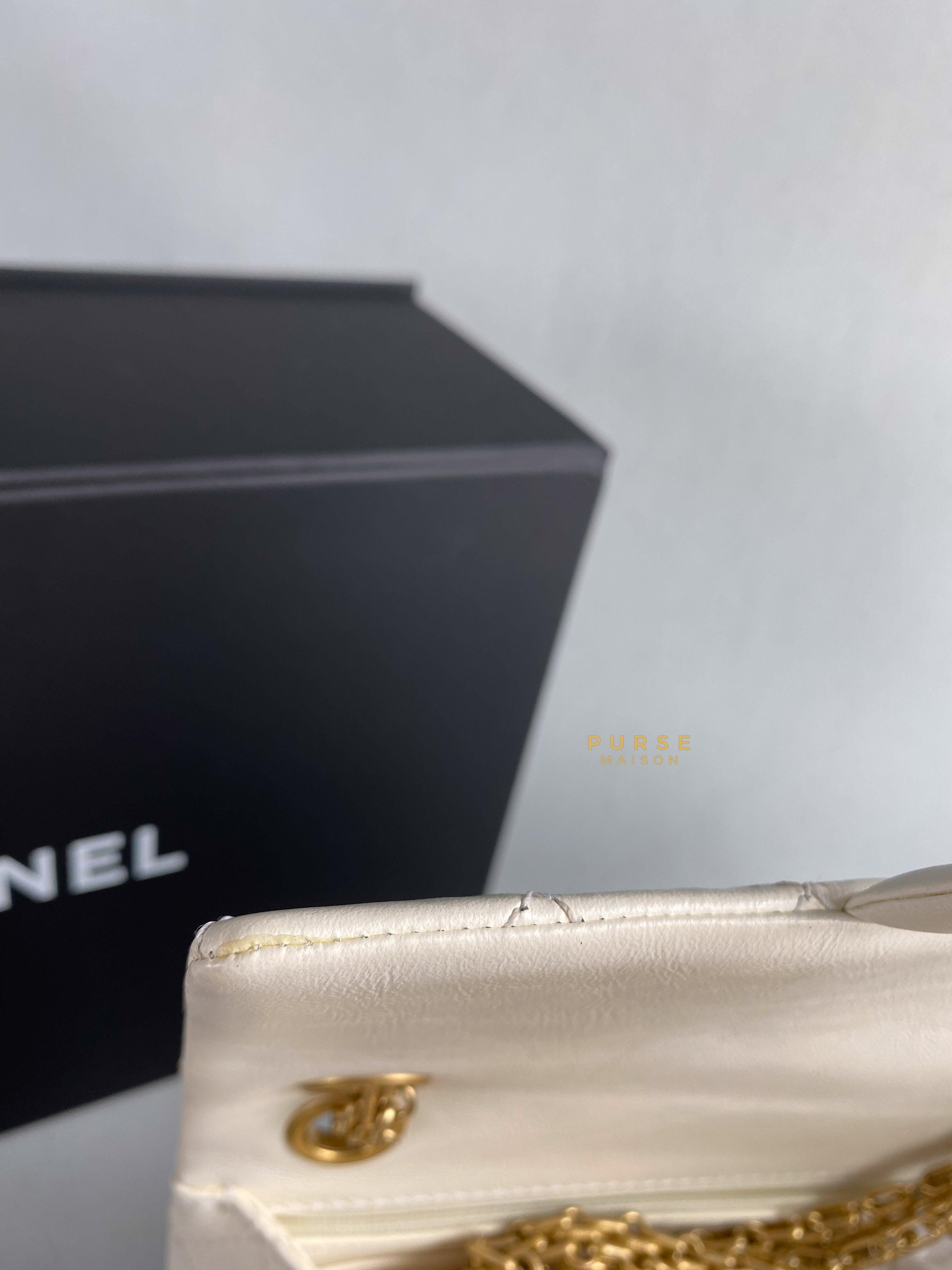 Chanel Mini 2.55 Reissue White Distressed Calfskin & Aged Gold Hardware (Microchip) | Purse Maison Luxury Bags Shop