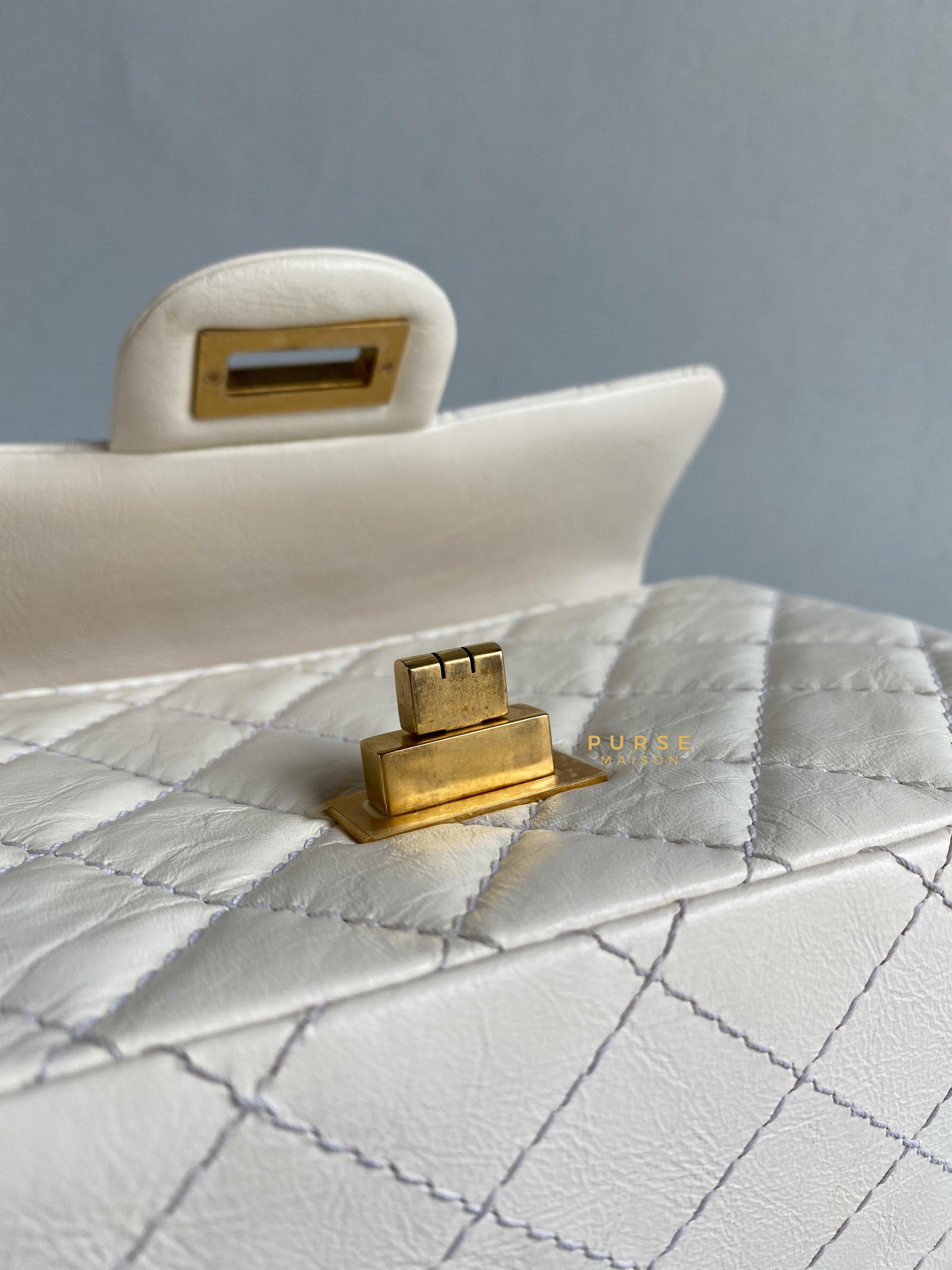 Chanel Mini 2.55 Reissue White Distressed Calfskin & Aged Gold Hardware (Microchip) | Purse Maison Luxury Bags Shop