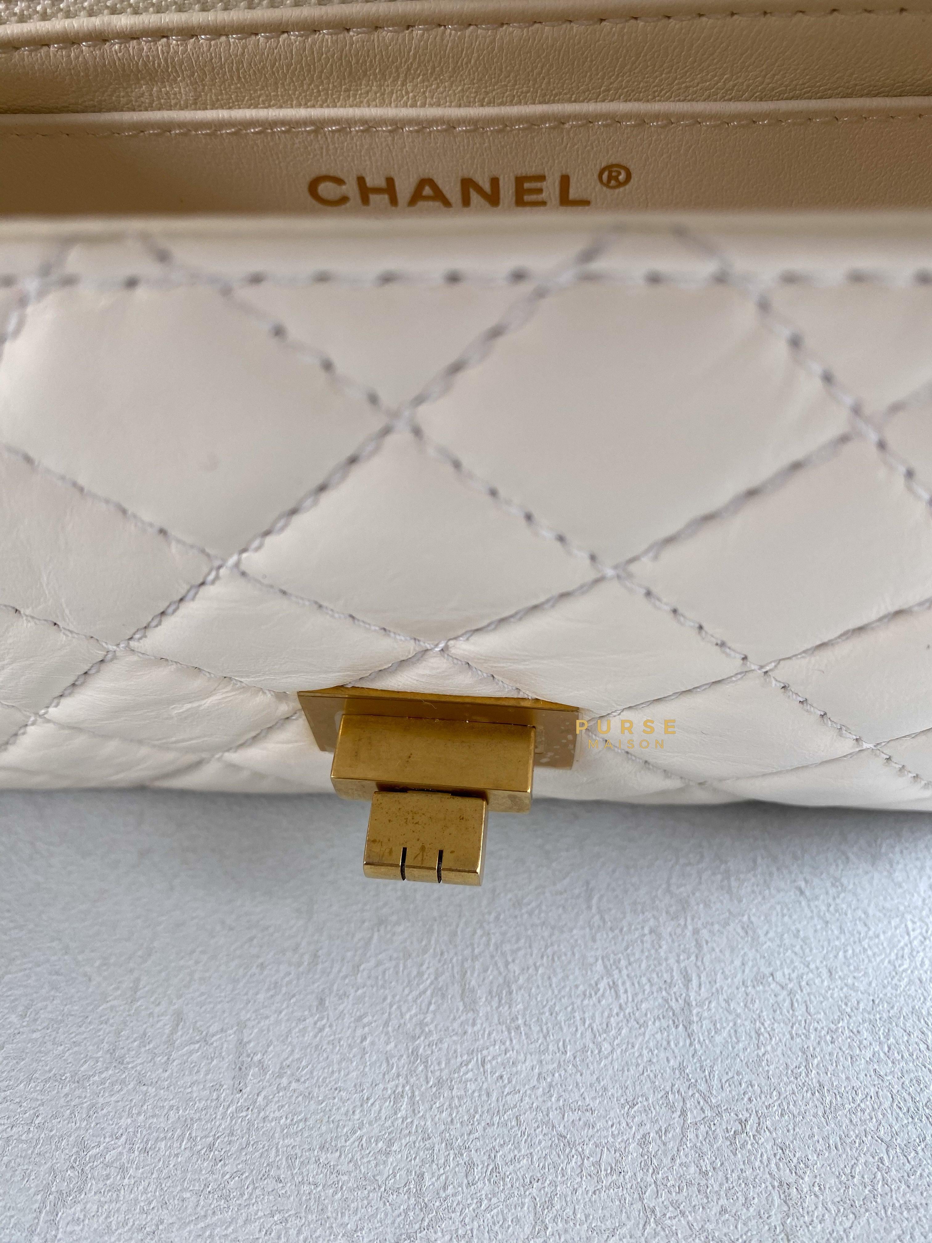 Chanel Mini 2.55 Reissue White Distressed Calfskin & Aged Gold Hardware (Microchip) | Purse Maison Luxury Bags Shop