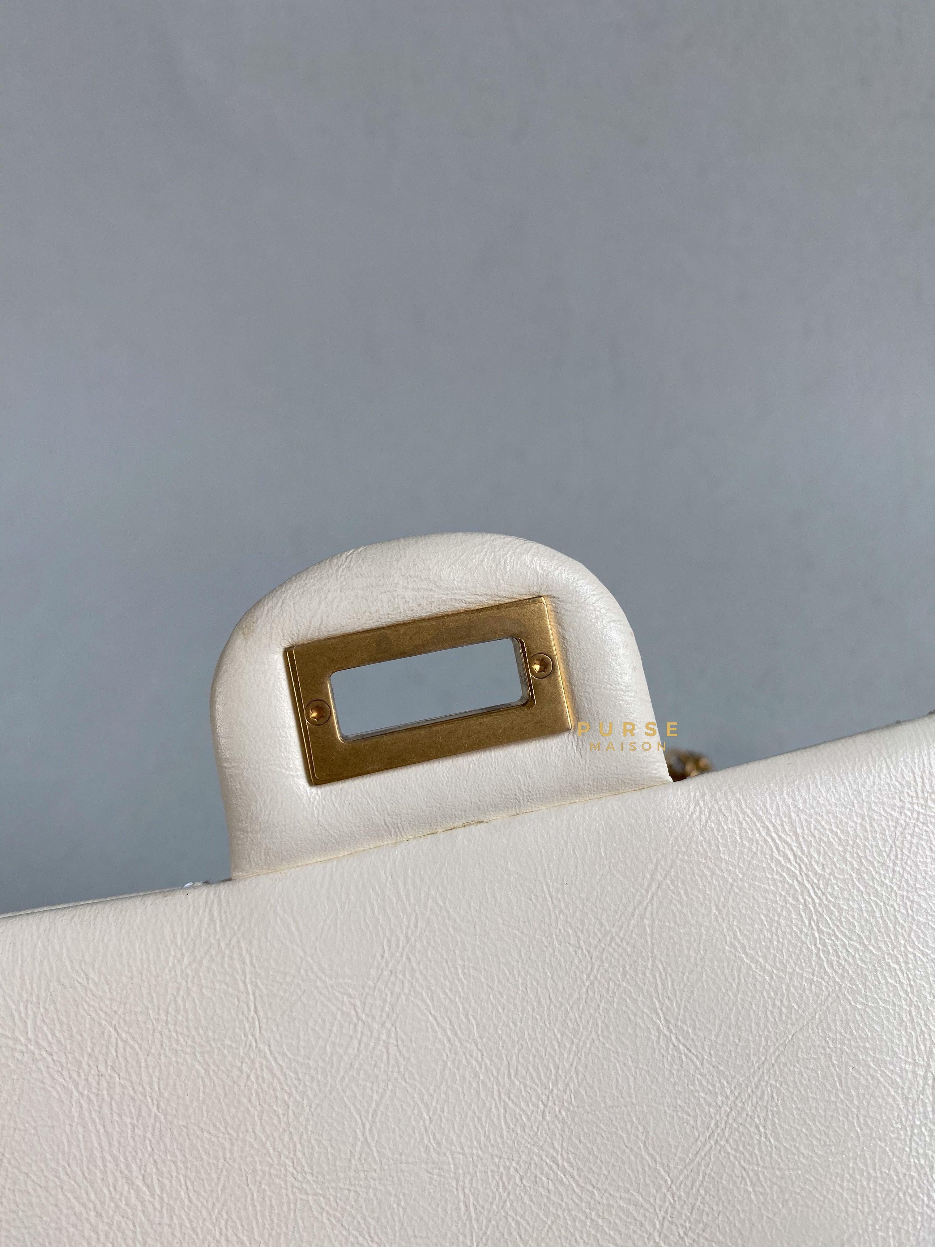 Chanel Mini 2.55 Reissue White Distressed Calfskin & Aged Gold Hardware (Microchip) | Purse Maison Luxury Bags Shop