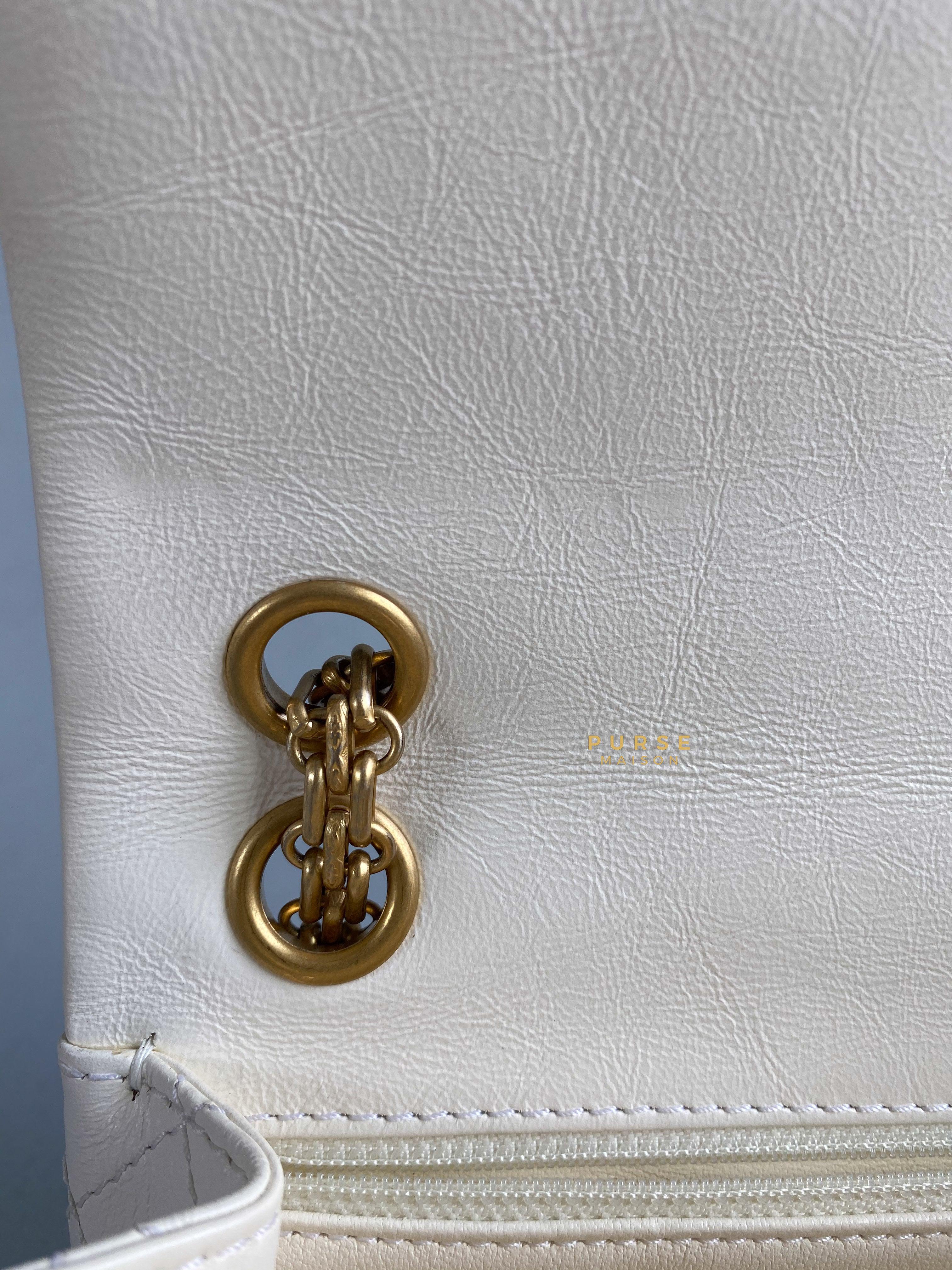 Chanel Mini 2.55 Reissue White Distressed Calfskin & Aged Gold Hardware (Microchip) | Purse Maison Luxury Bags Shop