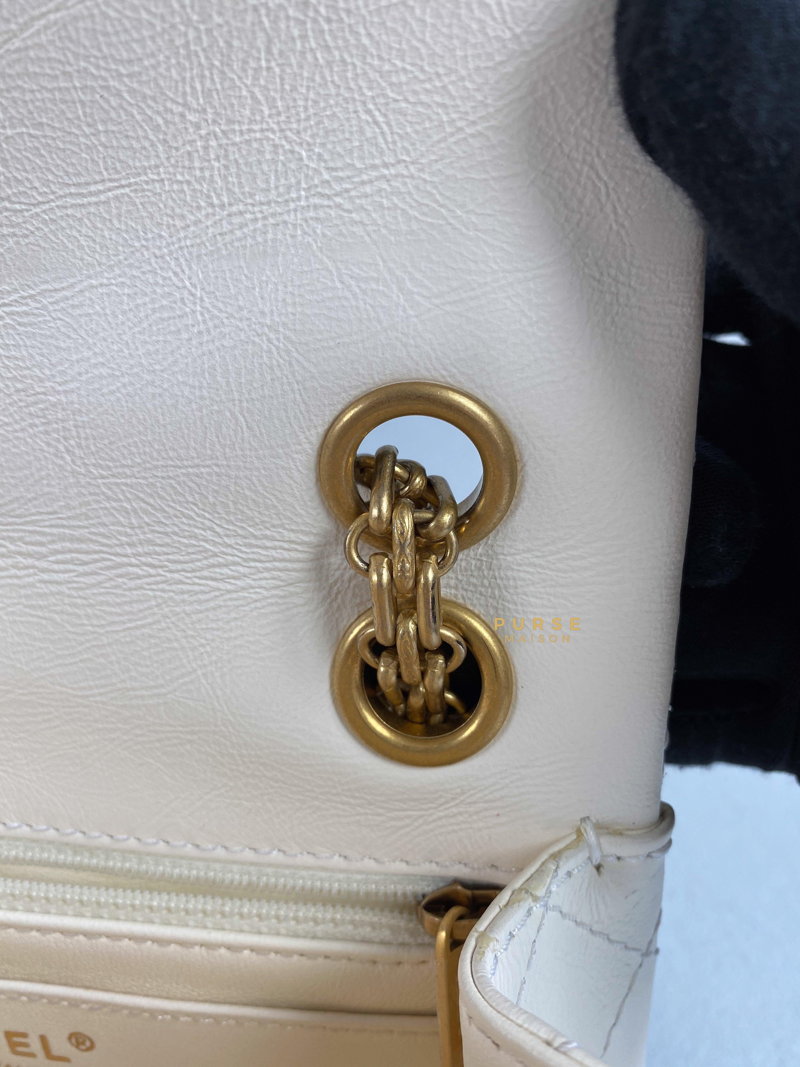 Chanel Mini 2.55 Reissue White Distressed Calfskin & Aged Gold Hardware (Microchip) | Purse Maison Luxury Bags Shop