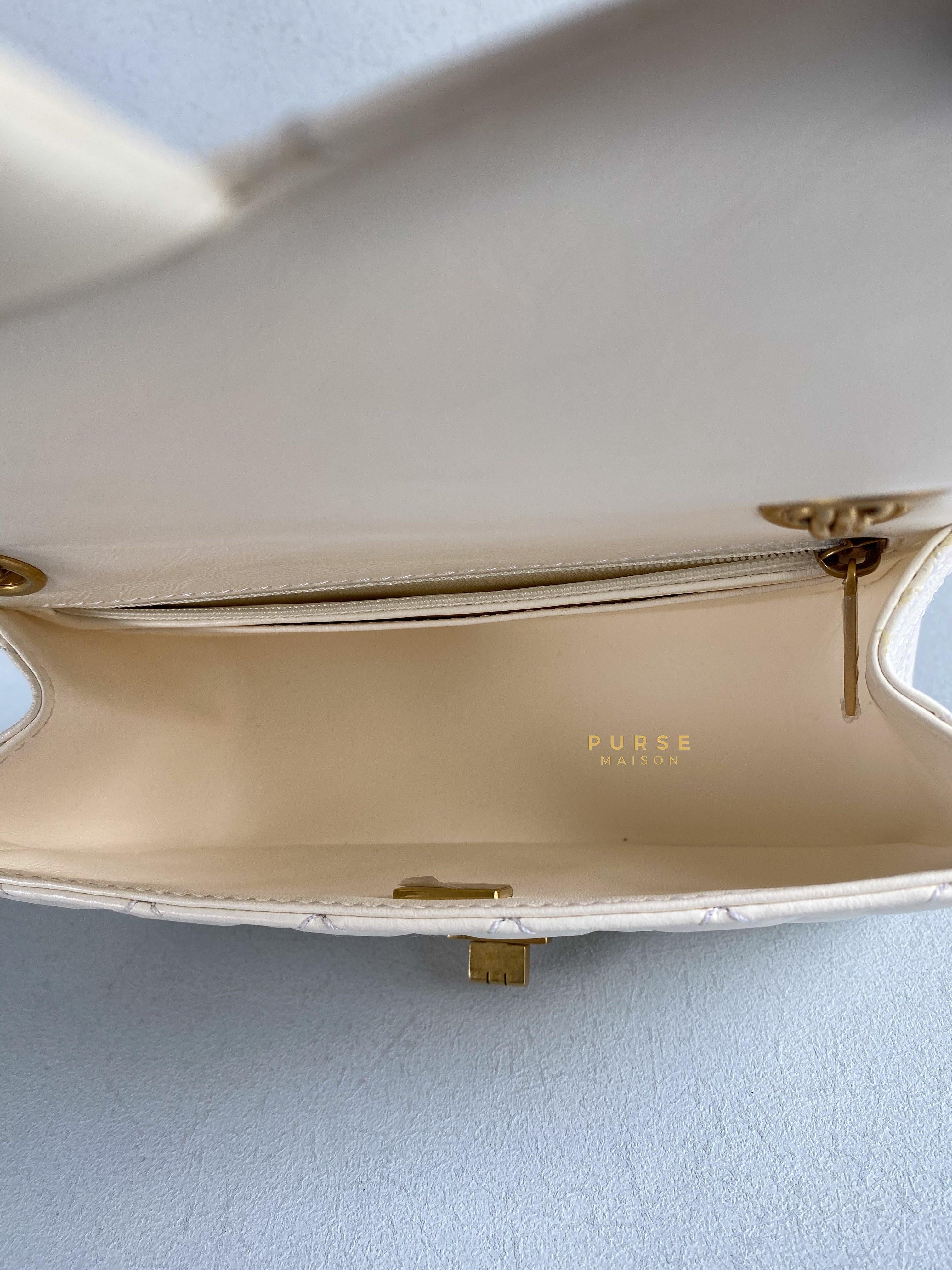 Chanel Mini 2.55 Reissue White Distressed Calfskin & Aged Gold Hardware (Microchip) | Purse Maison Luxury Bags Shop