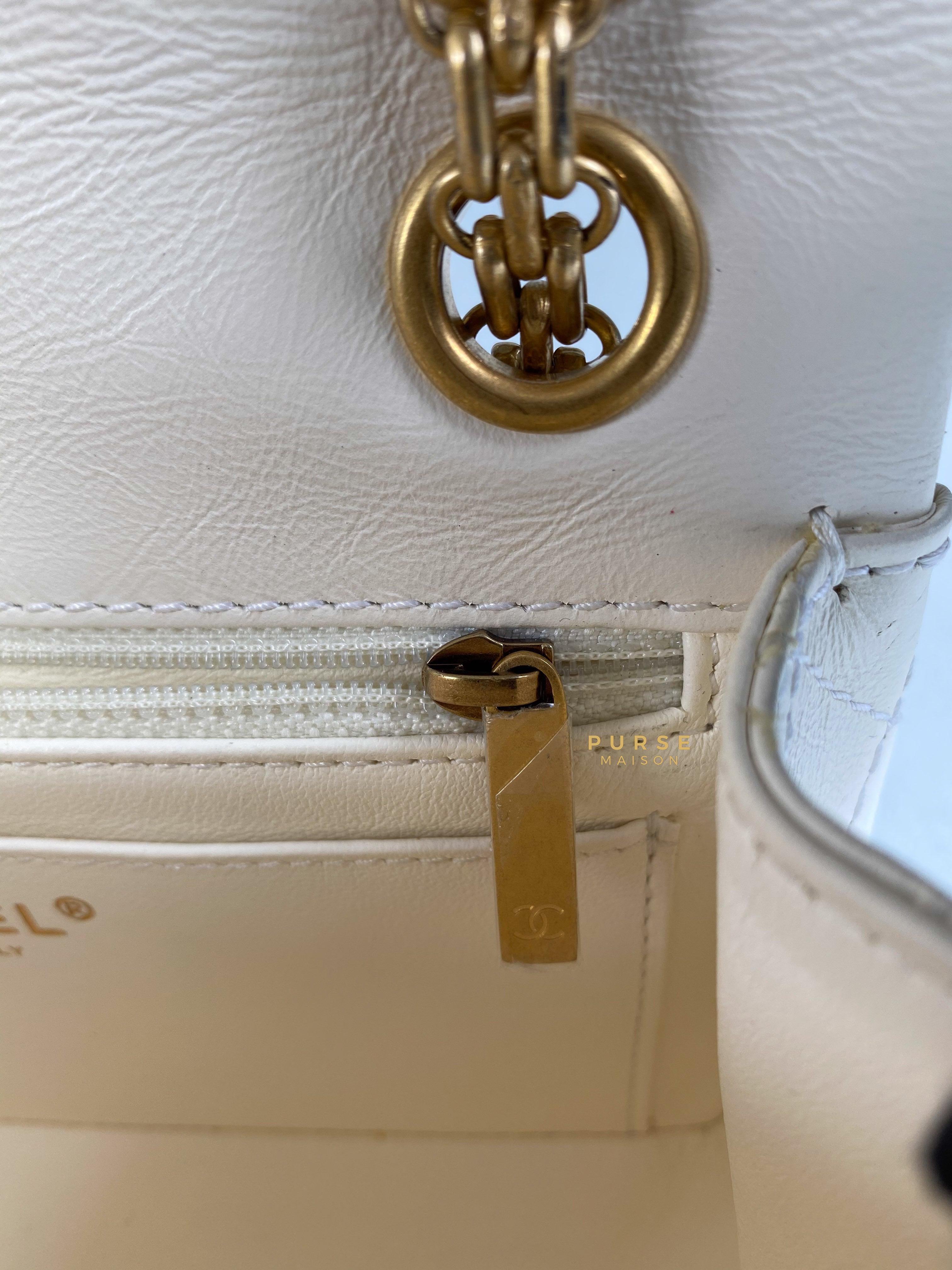 Chanel Mini 2.55 Reissue White Distressed Calfskin & Aged Gold Hardware (Microchip) | Purse Maison Luxury Bags Shop