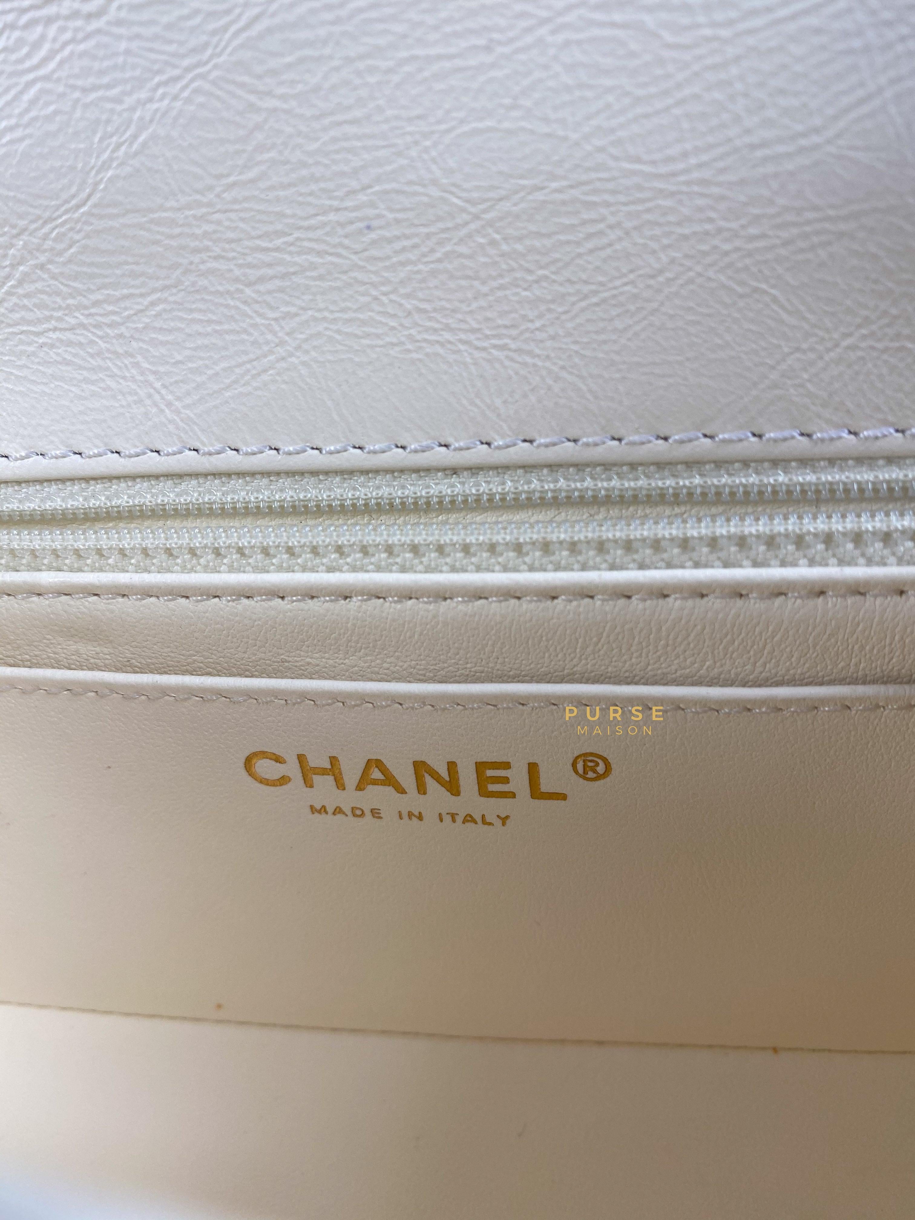 Chanel Mini 2.55 Reissue White Distressed Calfskin & Aged Gold Hardware (Microchip) | Purse Maison Luxury Bags Shop