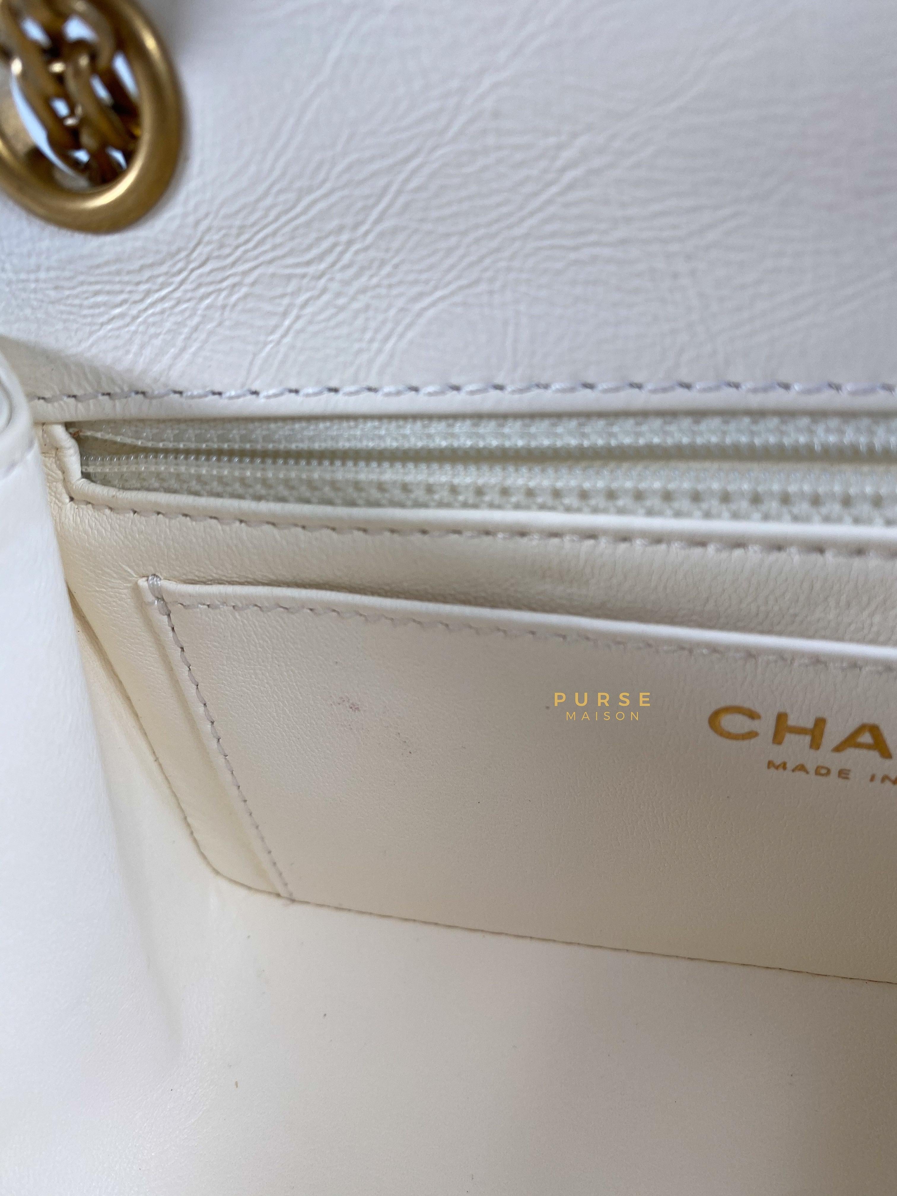 Chanel Mini 2.55 Reissue White Distressed Calfskin & Aged Gold Hardware (Microchip) | Purse Maison Luxury Bags Shop