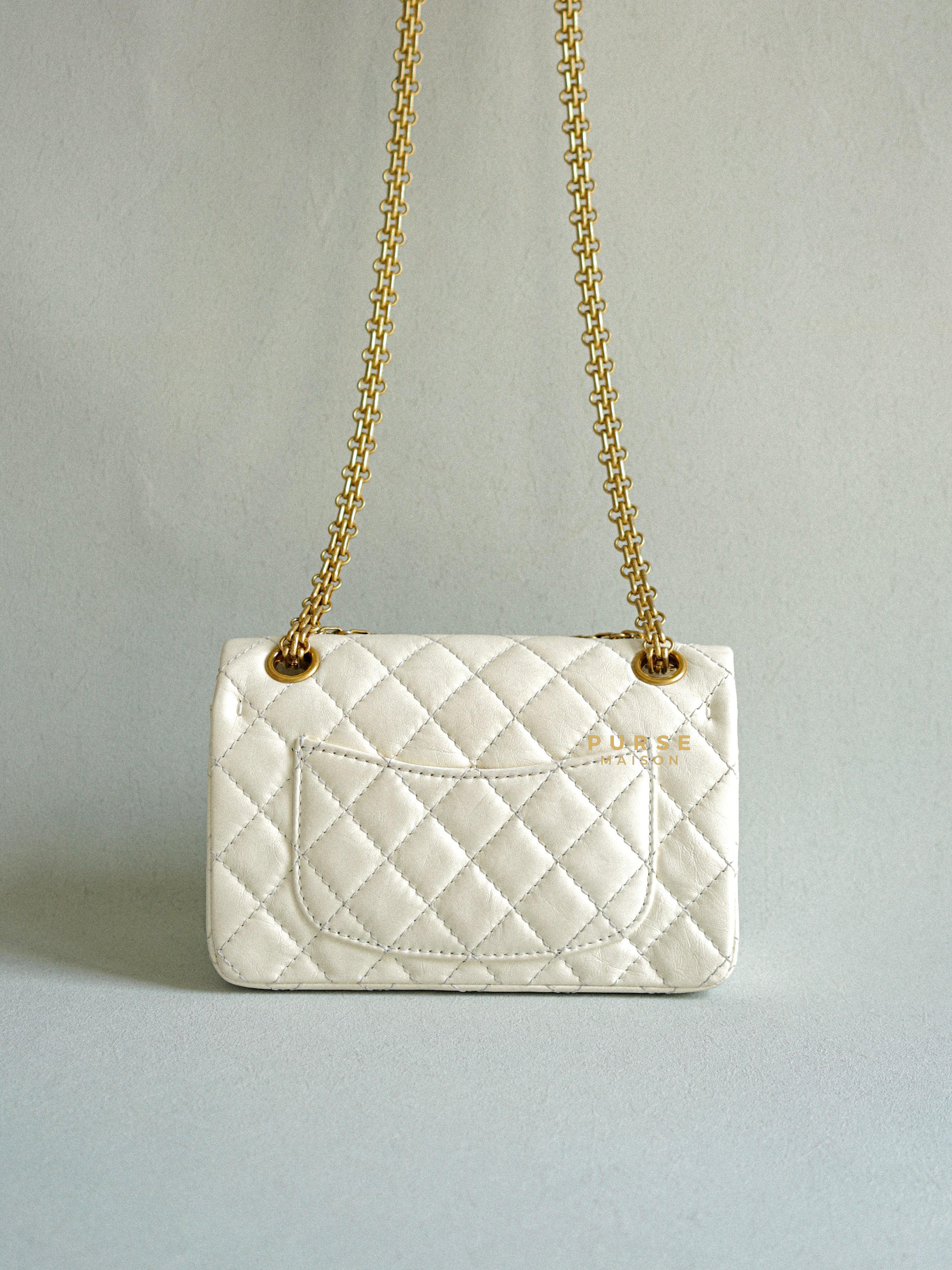 Chanel Mini 2.55 Reissue White Distressed Calfskin & Aged Gold Hardware (Microchip) | Purse Maison Luxury Bags Shop