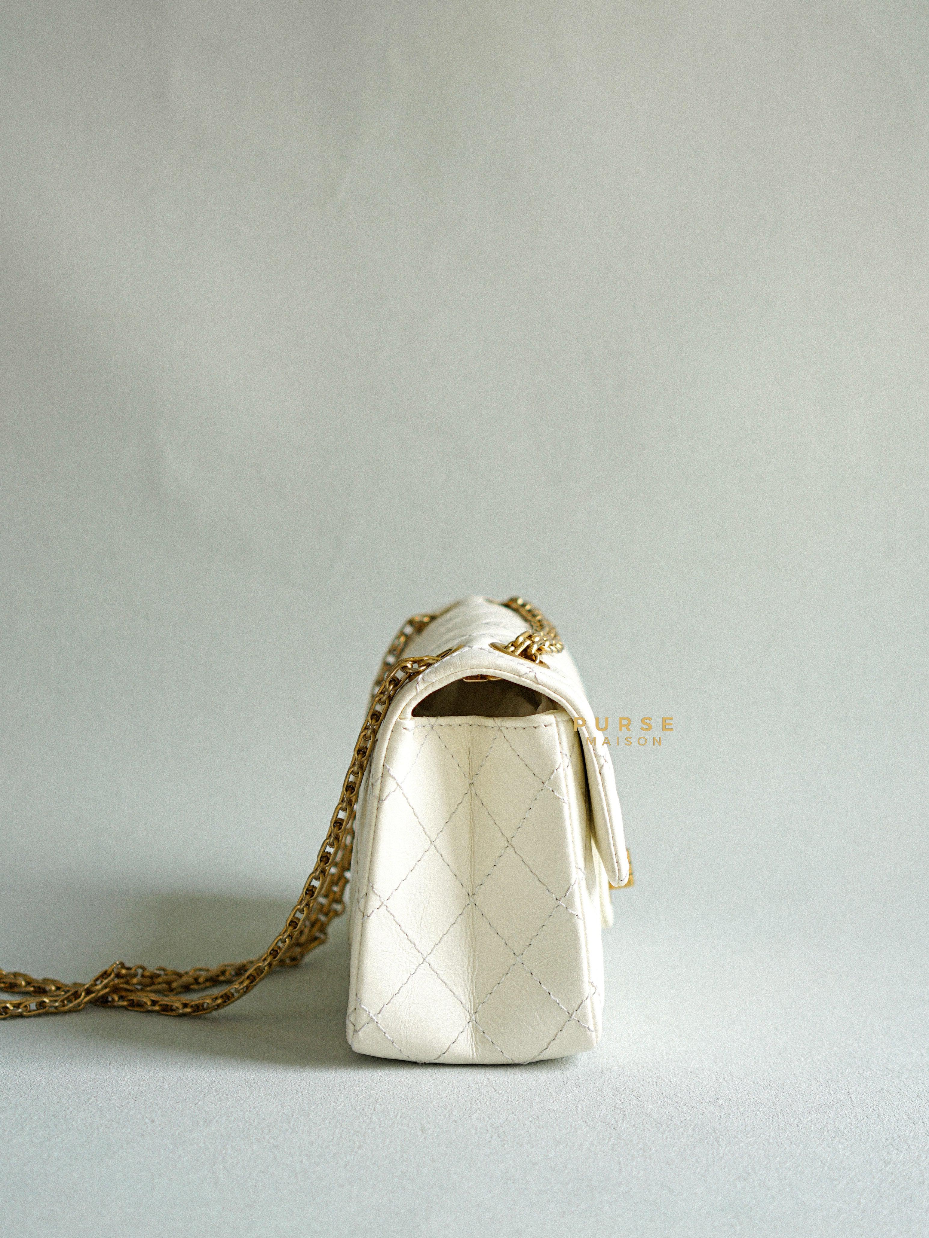 Chanel Mini 2.55 Reissue White Distressed Calfskin & Aged Gold Hardware (Microchip) | Purse Maison Luxury Bags Shop