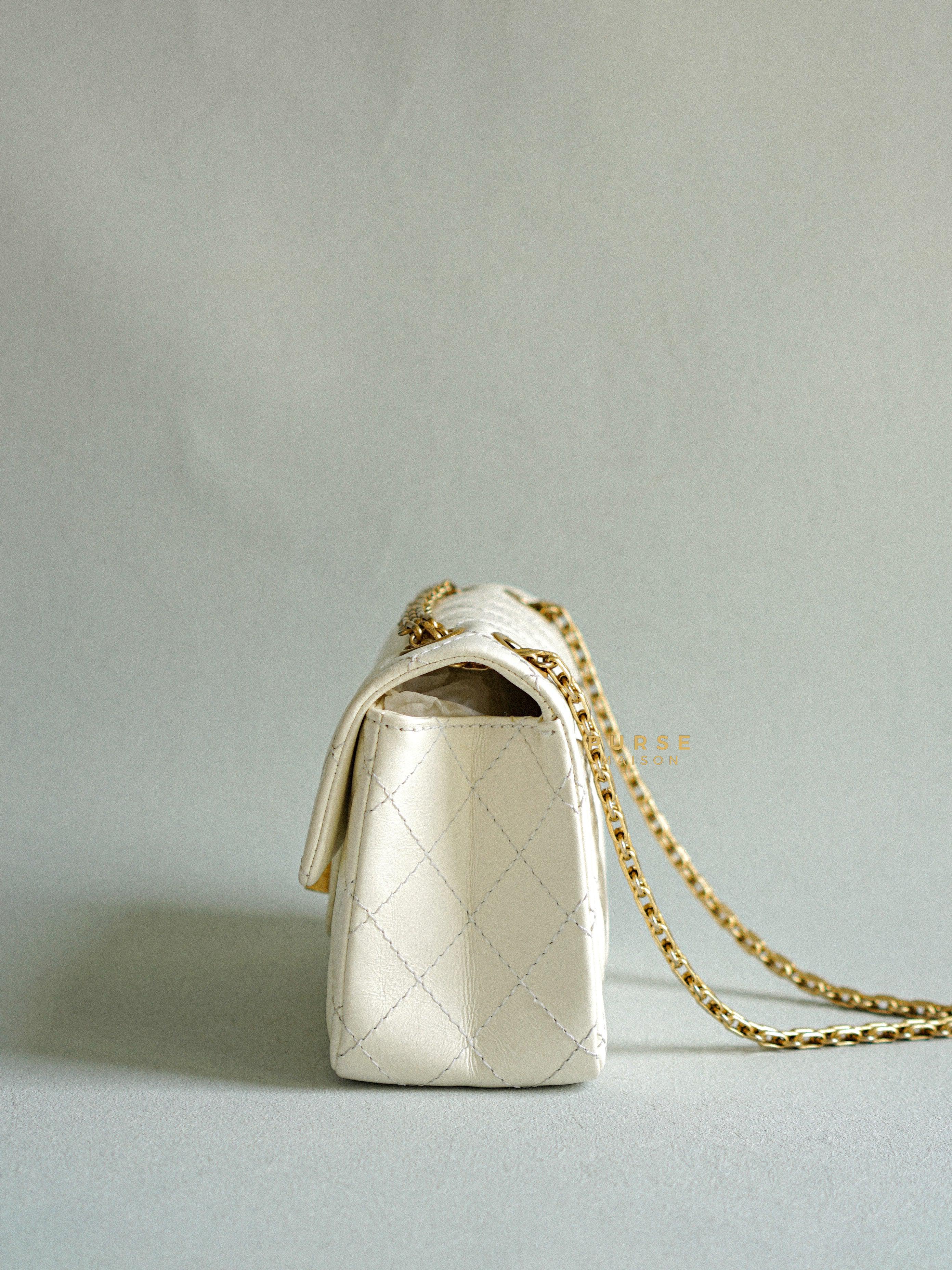 Chanel Mini 2.55 Reissue White Distressed Calfskin & Aged Gold Hardware (Microchip) | Purse Maison Luxury Bags Shop