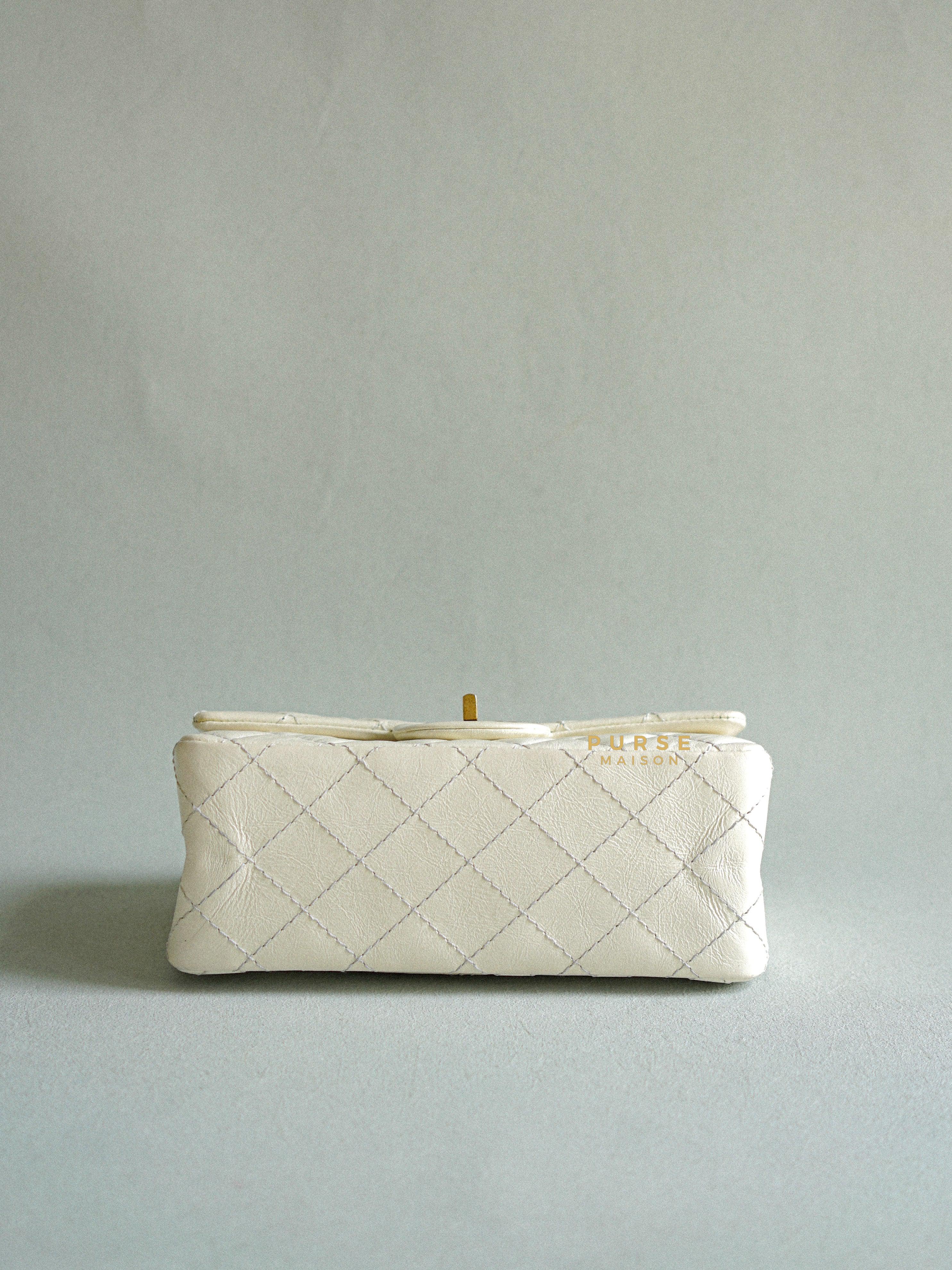 Chanel Mini 2.55 Reissue White Distressed Calfskin & Aged Gold Hardware (Microchip) | Purse Maison Luxury Bags Shop