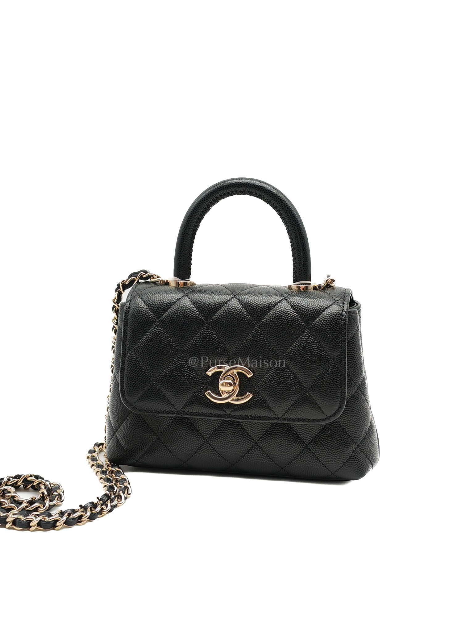 Chanel Mini Coco Handle in Black Quilted Caviar Leather and Light Gold Hardware Microchip | Purse Maison Luxury Bags Shop