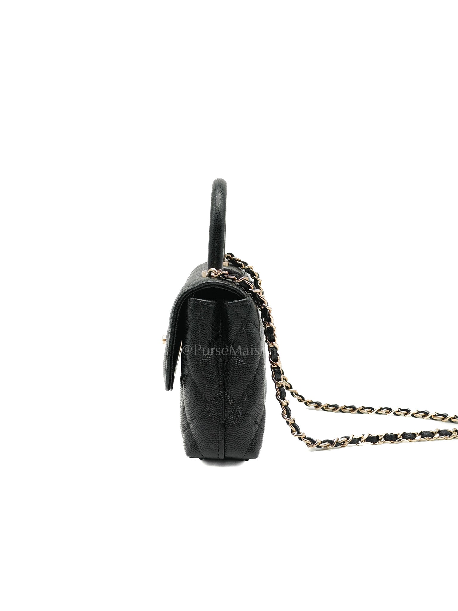 Chanel Mini Coco Handle in Black Quilted Caviar Leather and Light Gold Hardware Microchip | Purse Maison Luxury Bags Shop