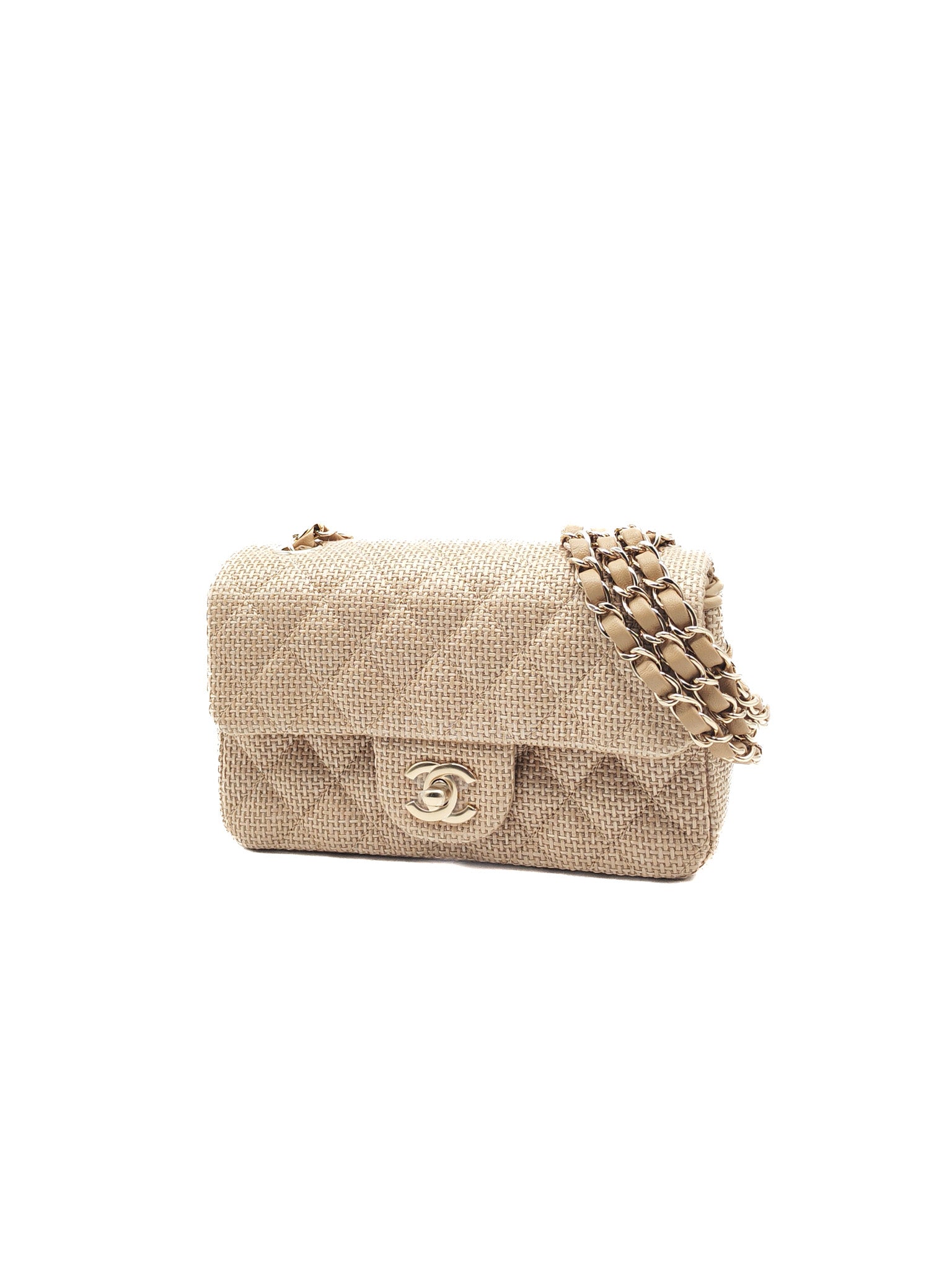 Mini Flap Bag in Dark Beige Raffia & Light Gold Hardware Microchip | Purse Maison Luxury Bags Shop