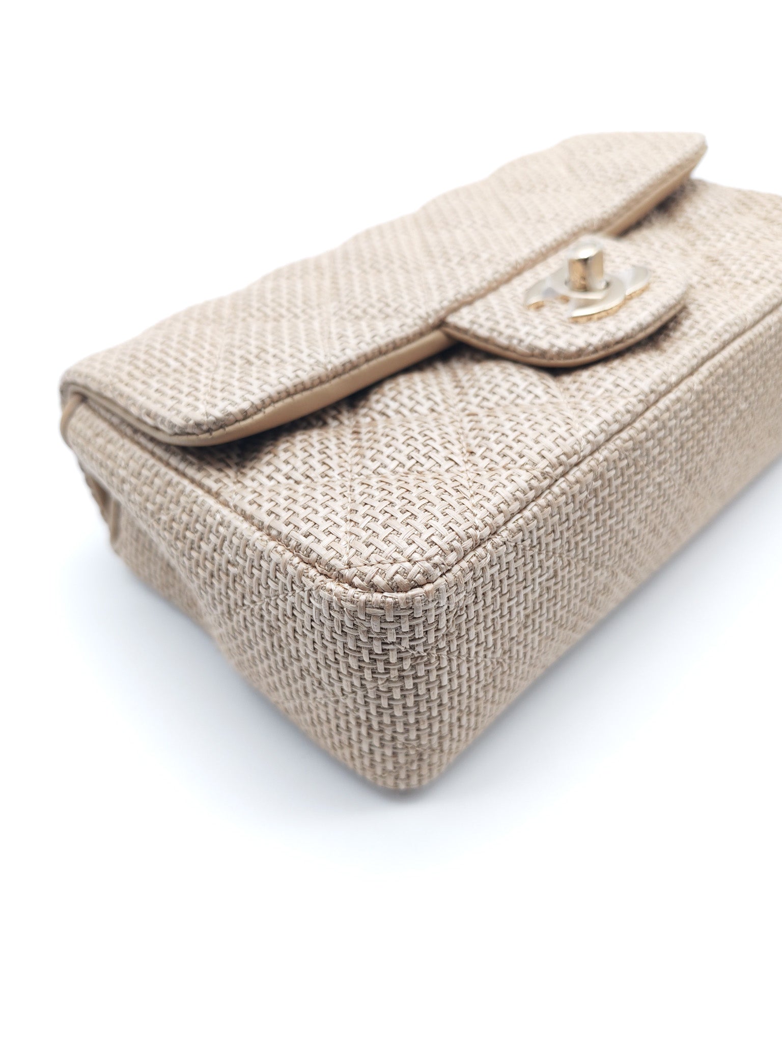 Mini Flap Bag in Dark Beige Raffia & Light Gold Hardware Microchip | Purse Maison Luxury Bags Shop
