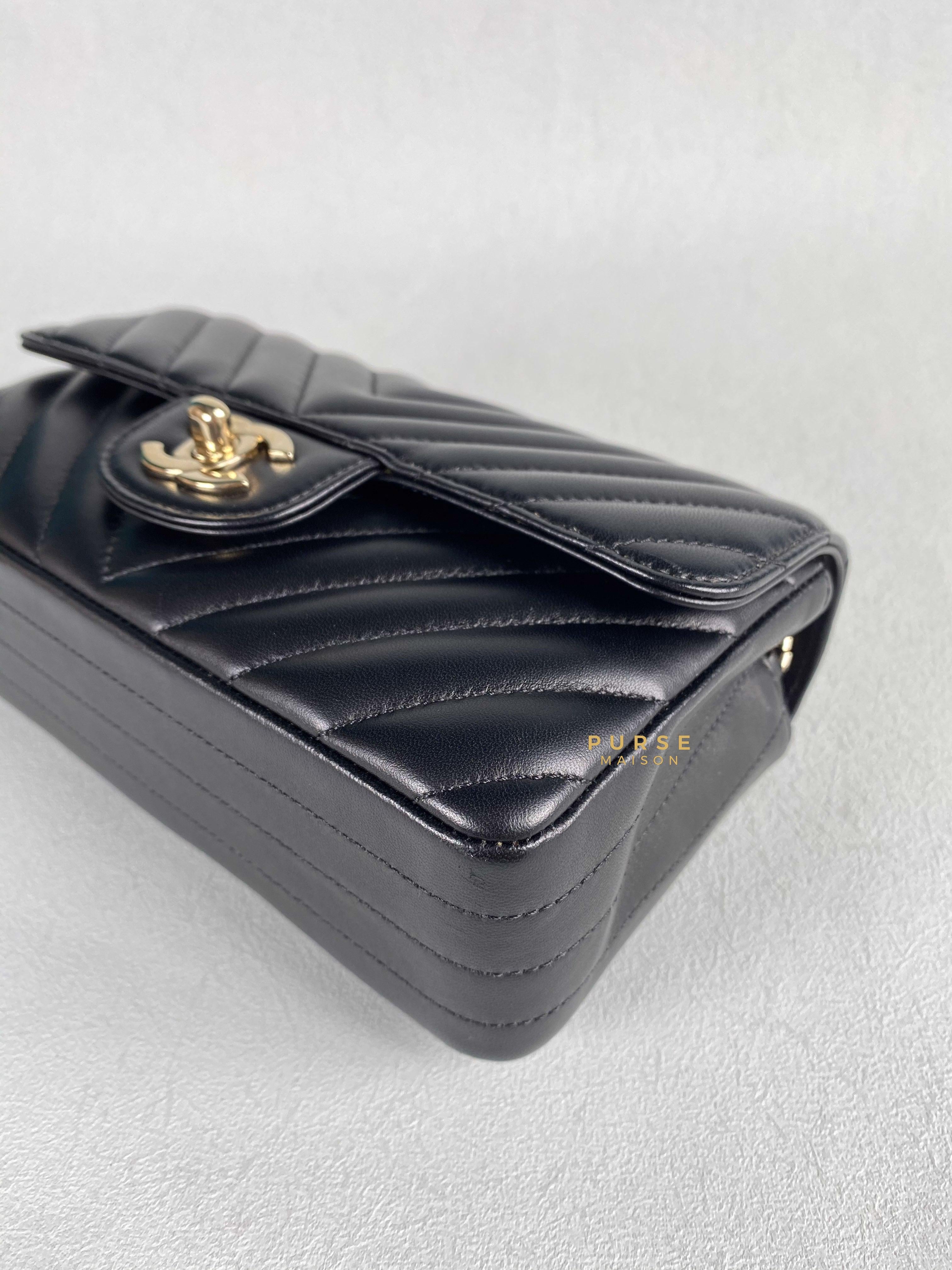 Chanel Mini Rectangle Black Chevron Lambskin and Light Gold Hardware Series 23 | Purse Maison Luxury Bags Shop