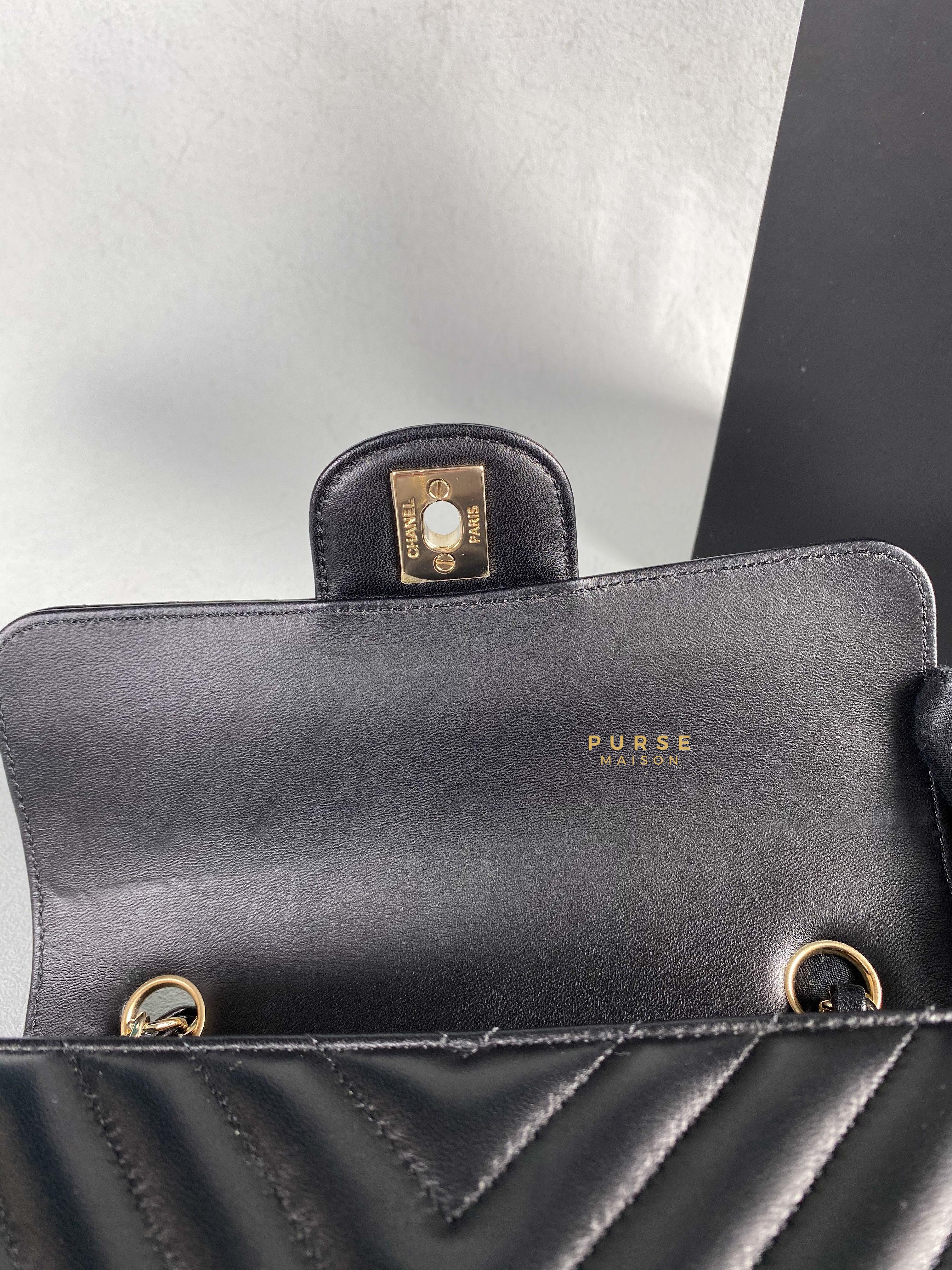 Chanel Mini Rectangle Black Chevron Lambskin and Light Gold Hardware Series 23 | Purse Maison Luxury Bags Shop