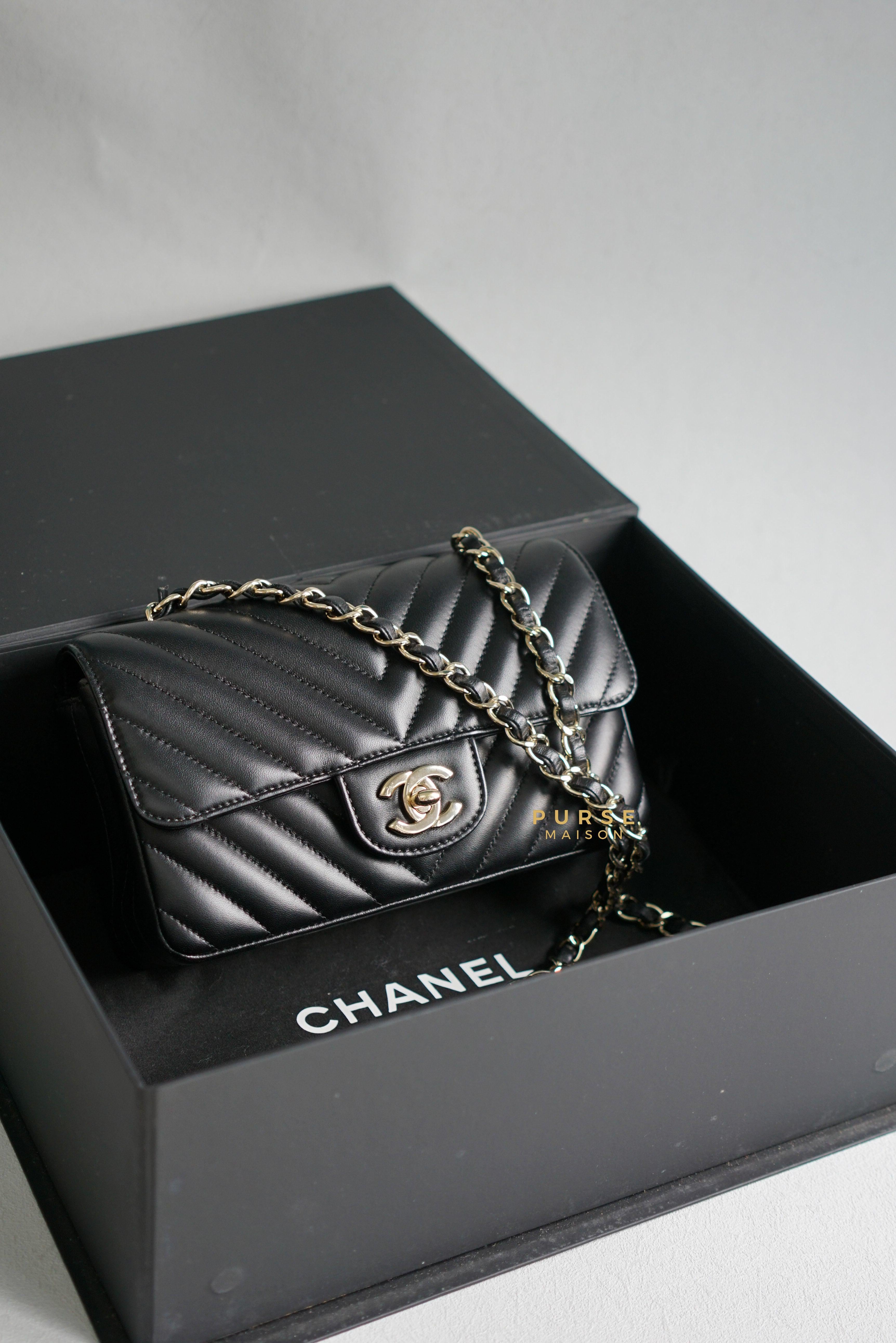 Chanel Mini Rectangle Black Chevron Lambskin and Light Gold Hardware Series 23 | Purse Maison Luxury Bags Shop