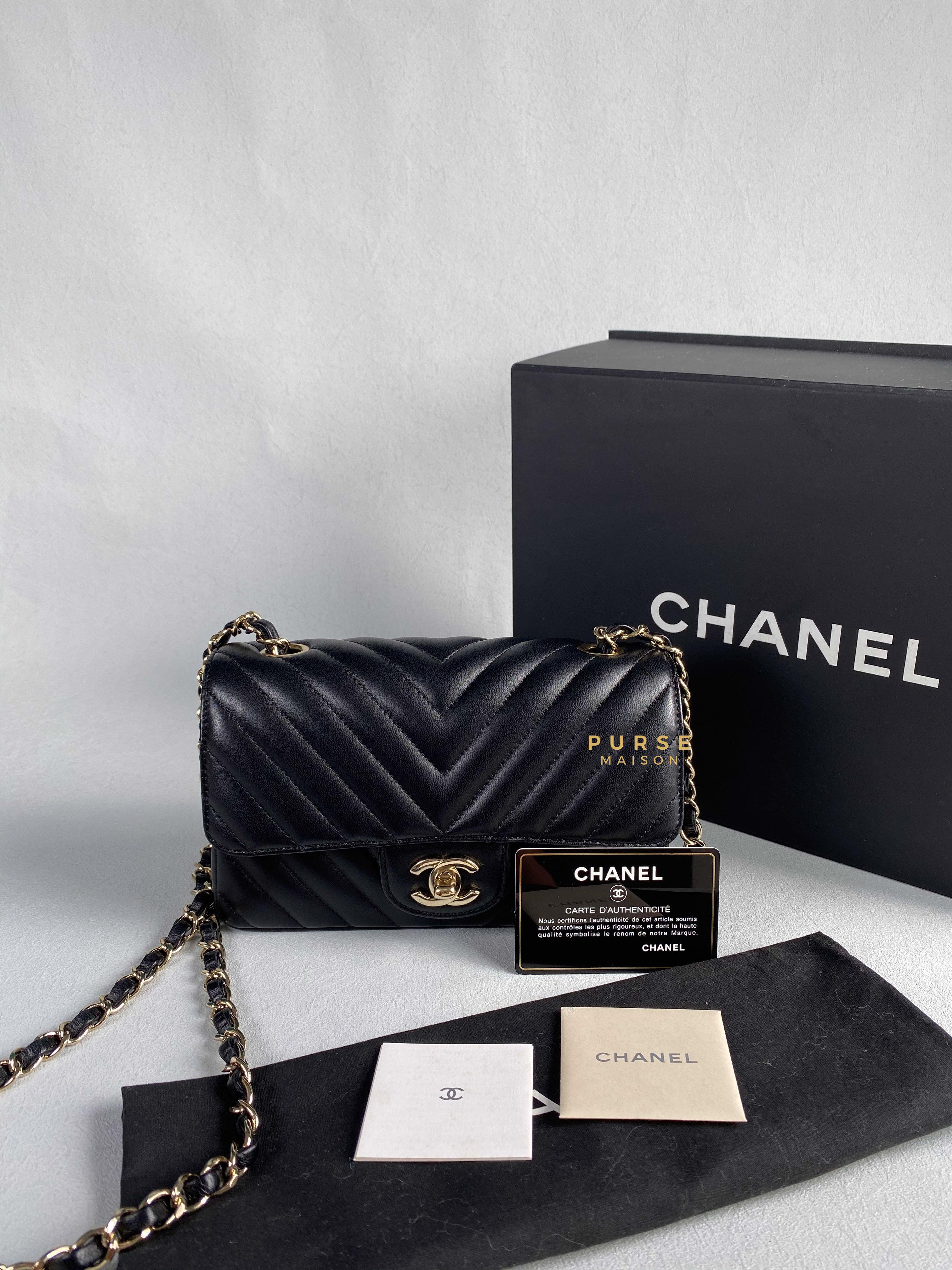 Chanel Mini Rectangle Black Chevron Lambskin and Light Gold Hardware Series 23 | Purse Maison Luxury Bags Shop
