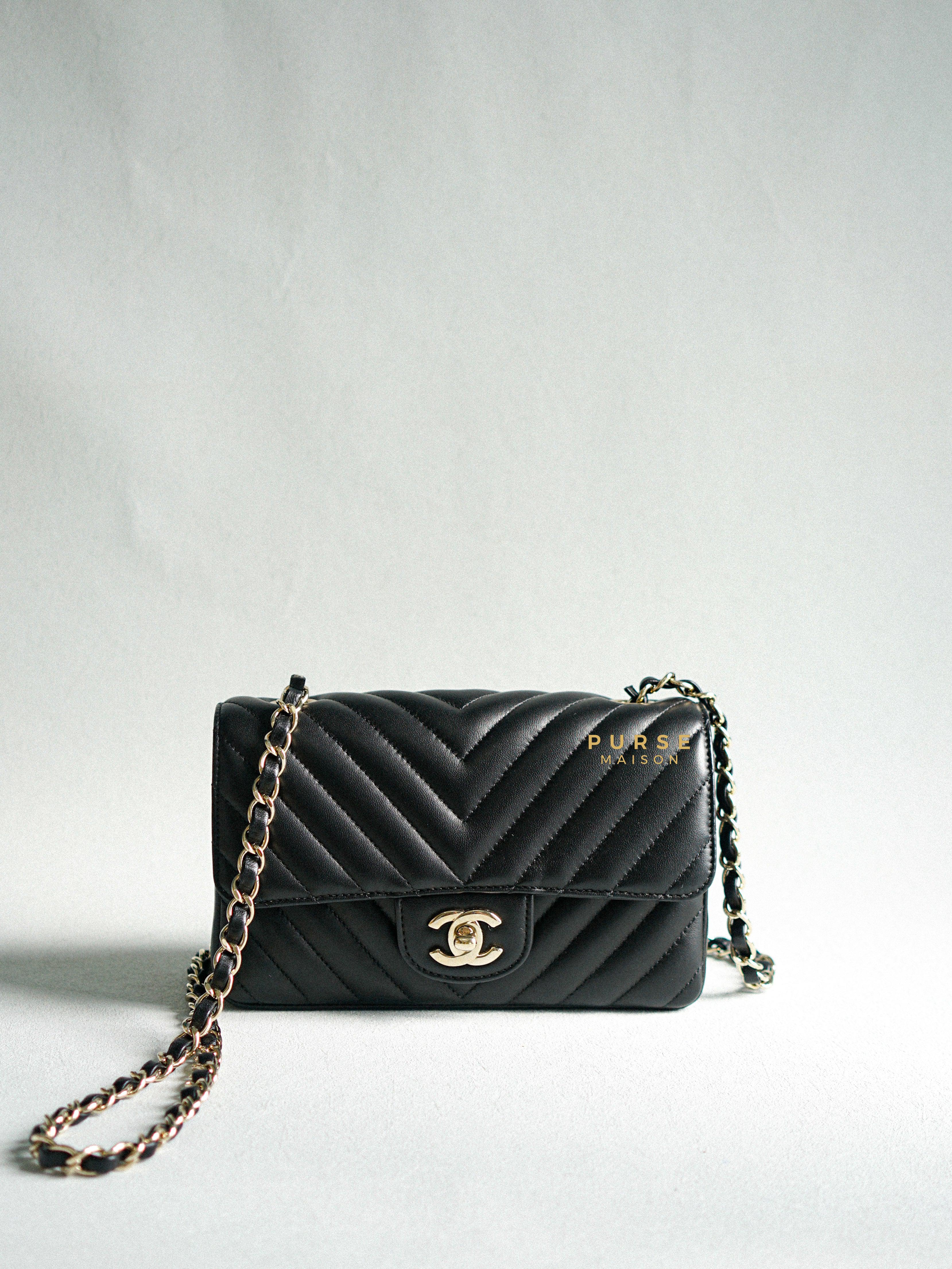 Chanel Mini Rectangle Black Chevron Lambskin and Light Gold Hardware Series 23 | Purse Maison Luxury Bags Shop