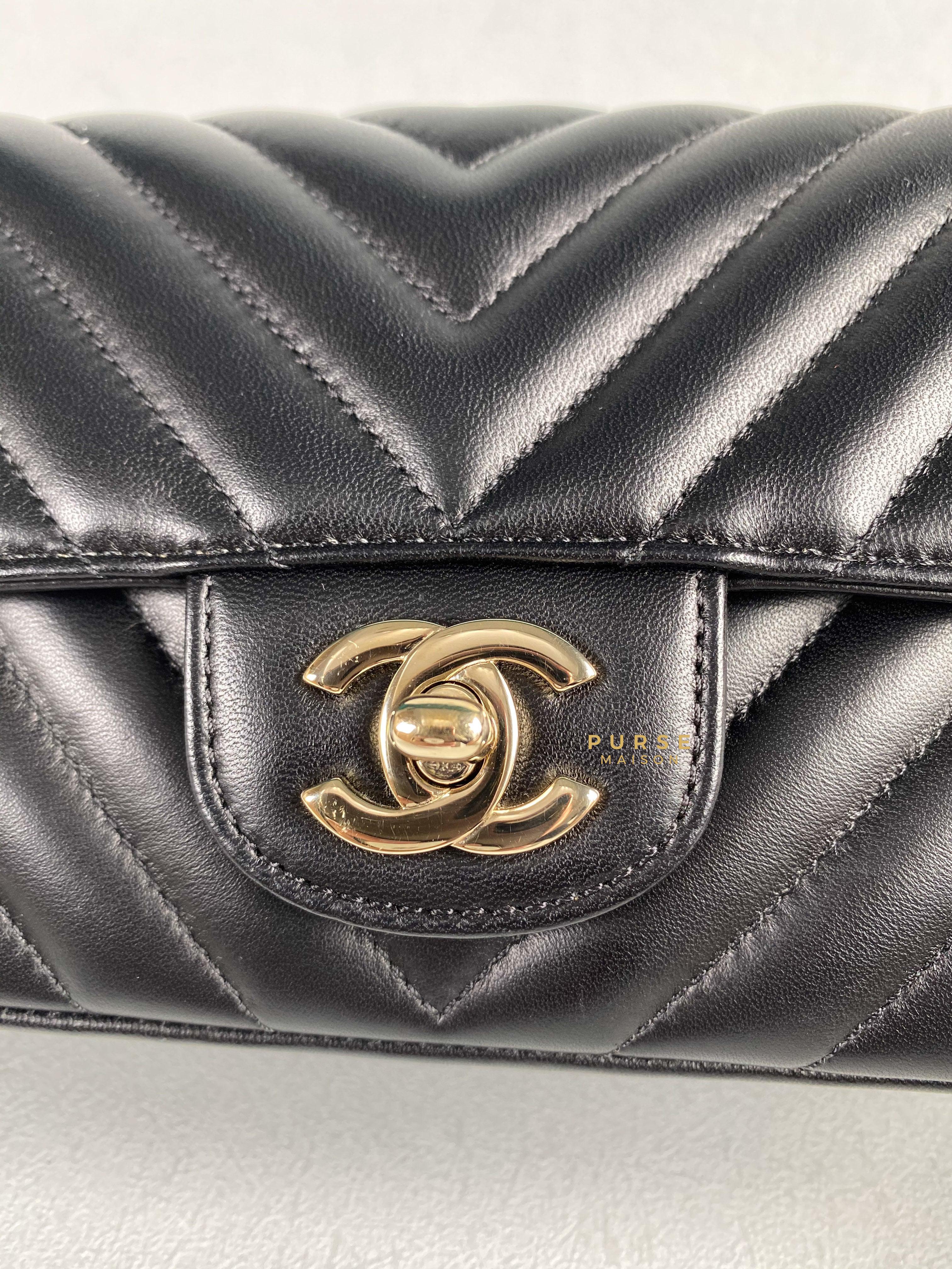 Chanel Mini Rectangle Black Chevron Lambskin and Light Gold Hardware Series 23 | Purse Maison Luxury Bags Shop