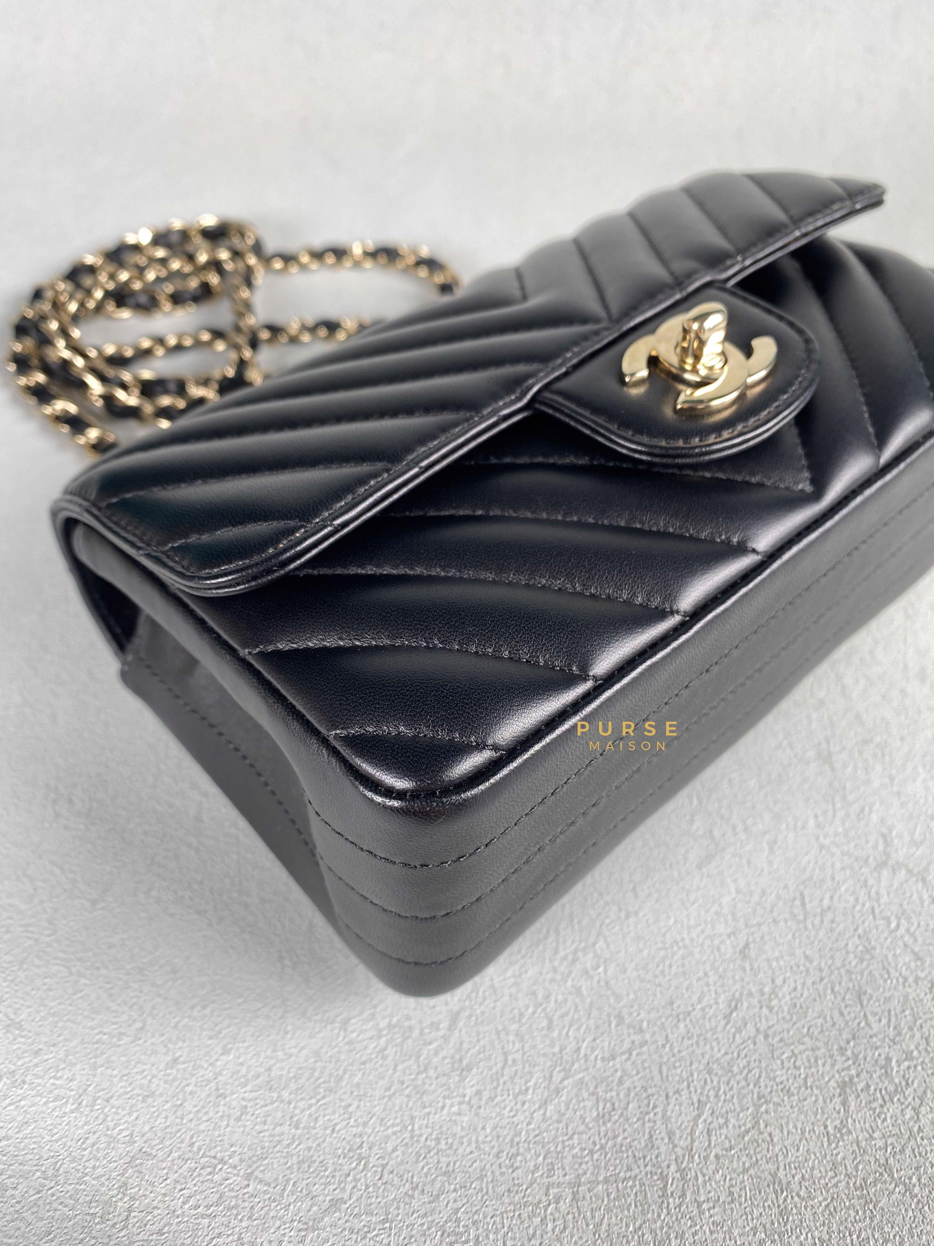 Chanel Mini Rectangle Black Chevron Lambskin and Light Gold Hardware Series 23 | Purse Maison Luxury Bags Shop