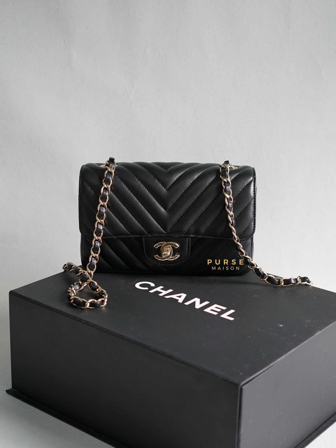 Chanel Mini Rectangle Black Chevron Lambskin and Light Gold Hardware Series 23 | Purse Maison Luxury Bags Shop