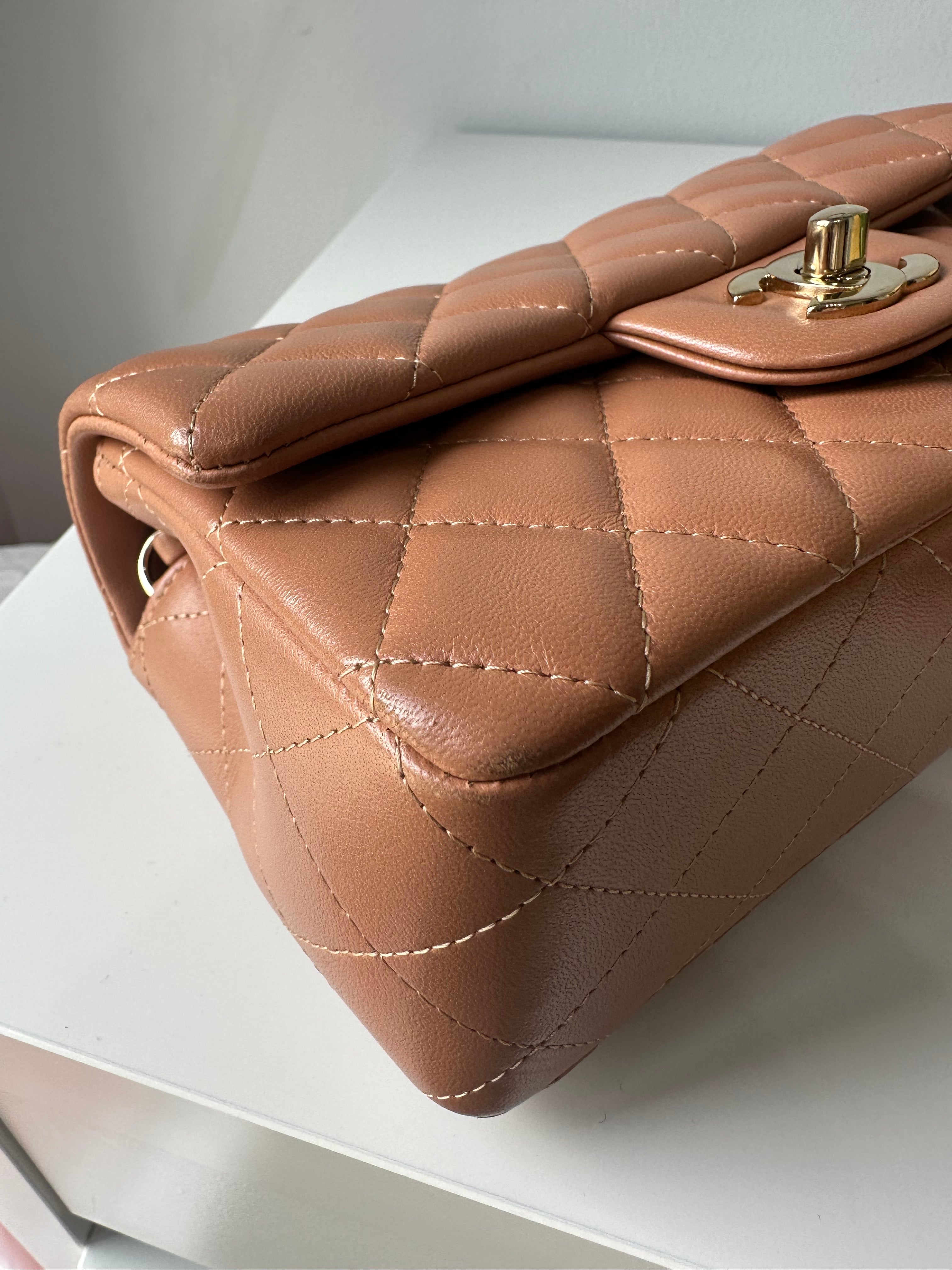 Chanel Mini Rectangle Caramel Lambskin & Light Gold Hardware Series 30 | Purse Maison Luxury Bags Shop