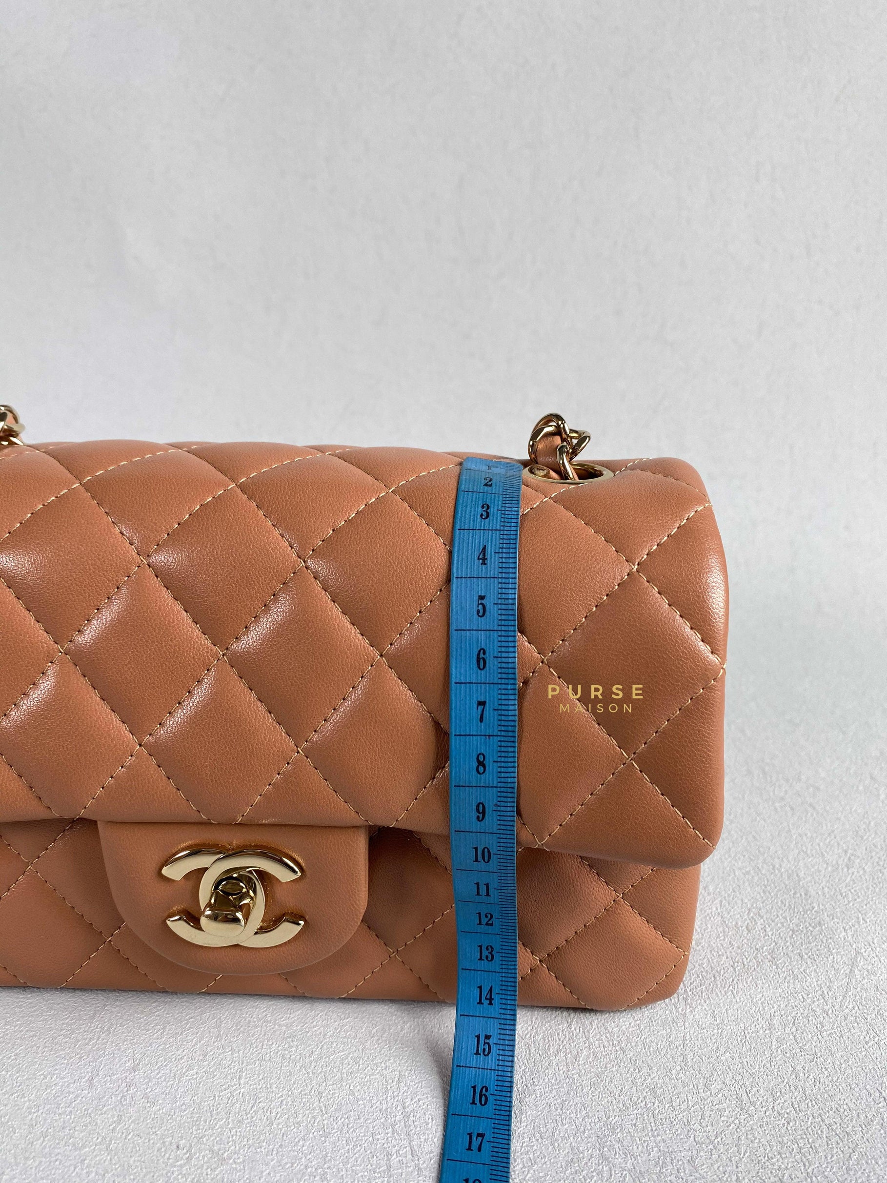 Chanel Mini Rectangle Caramel Lambskin & Light Gold Hardware Series 30 | Purse Maison Luxury Bags Shop