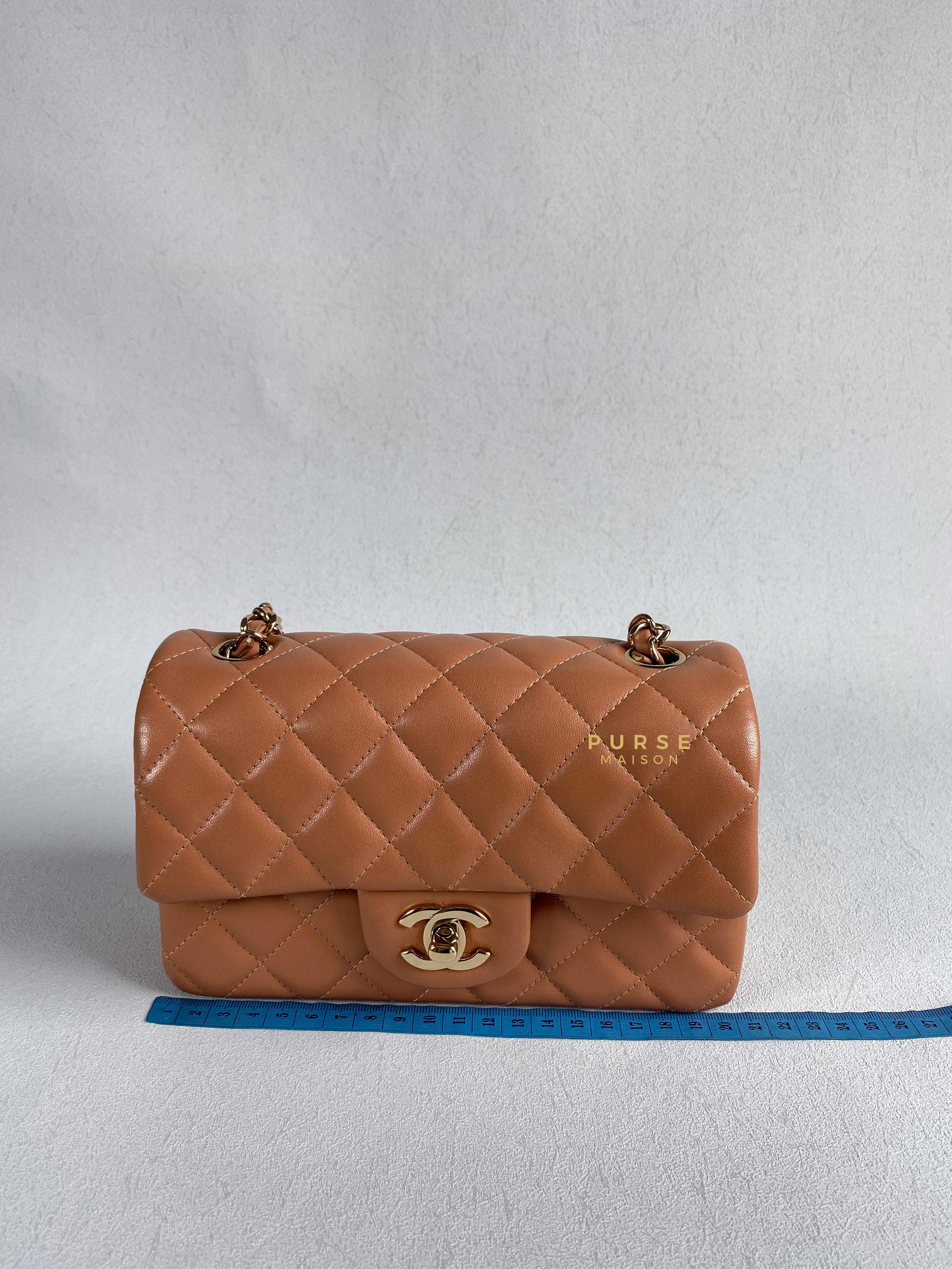 Chanel Mini Rectangle Caramel Lambskin & Light Gold Hardware Series 30 | Purse Maison Luxury Bags Shop
