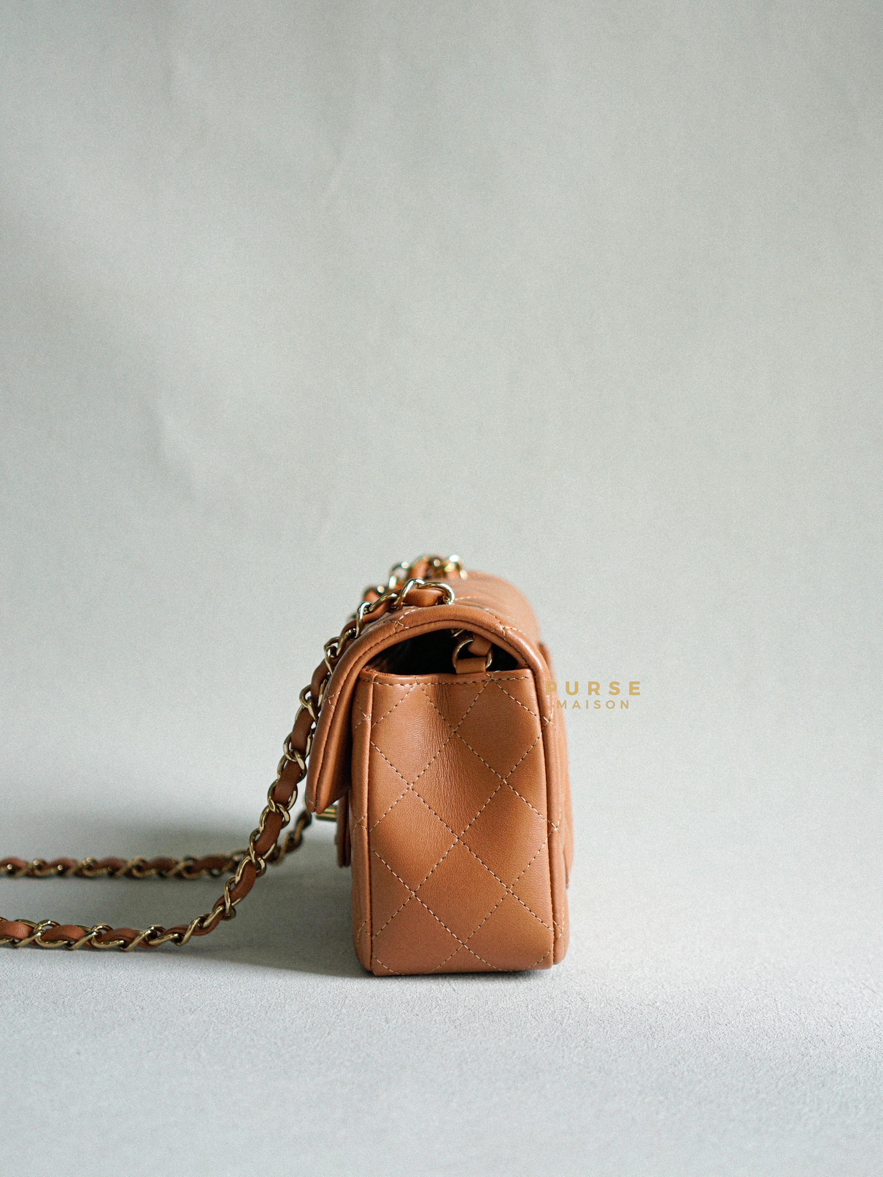 Chanel Mini Rectangle Caramel Lambskin & Light Gold Hardware Series 30 | Purse Maison Luxury Bags Shop