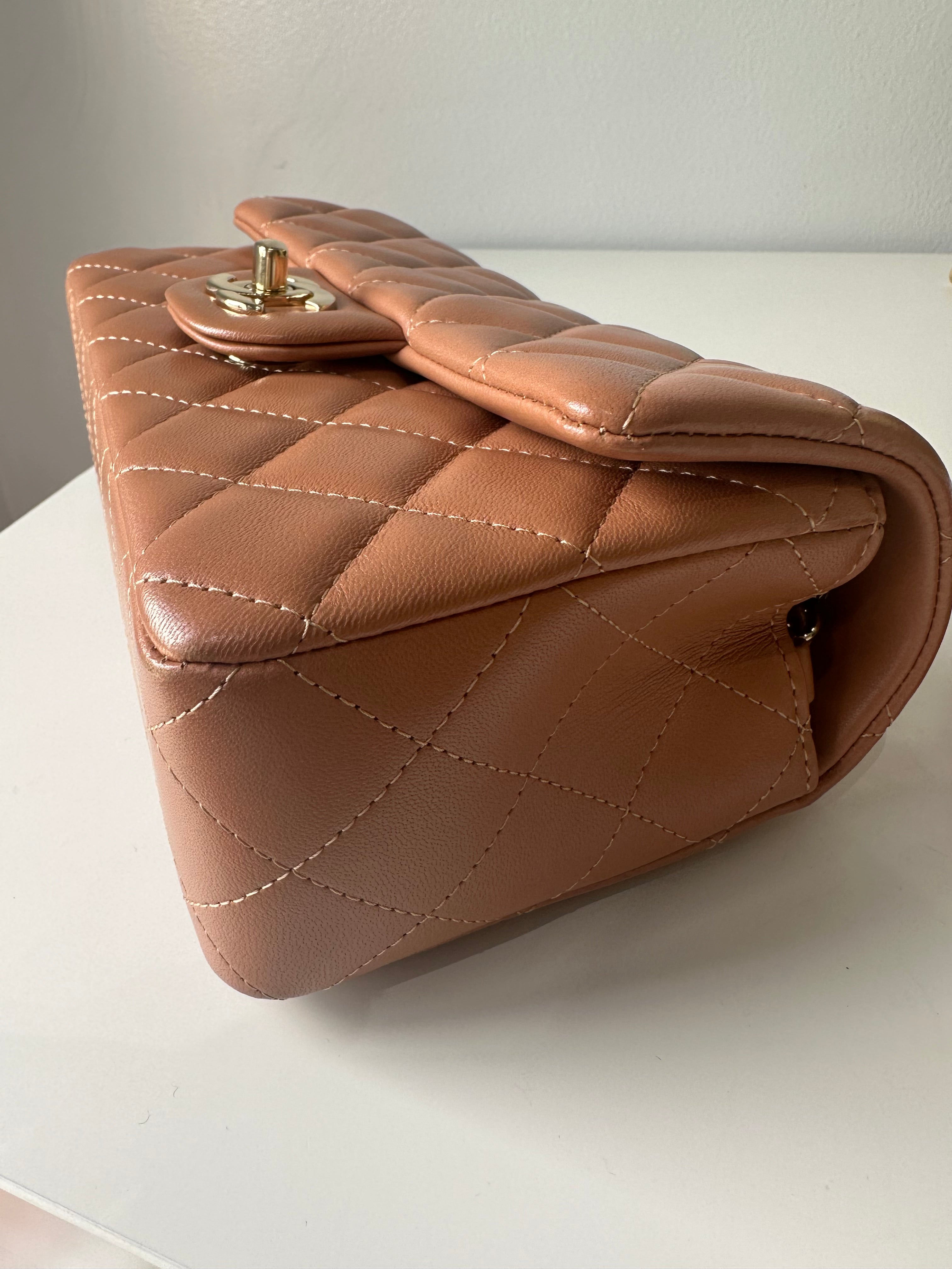 Chanel Mini Rectangle Caramel Lambskin & Light Gold Hardware Series 30 | Purse Maison Luxury Bags Shop