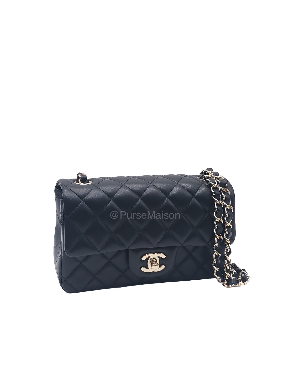 Chanel Mini Rectangle in Black Lambskin Leather Light Gold Hardware(Microchip) | Purse Maison Luxury Bags Shop