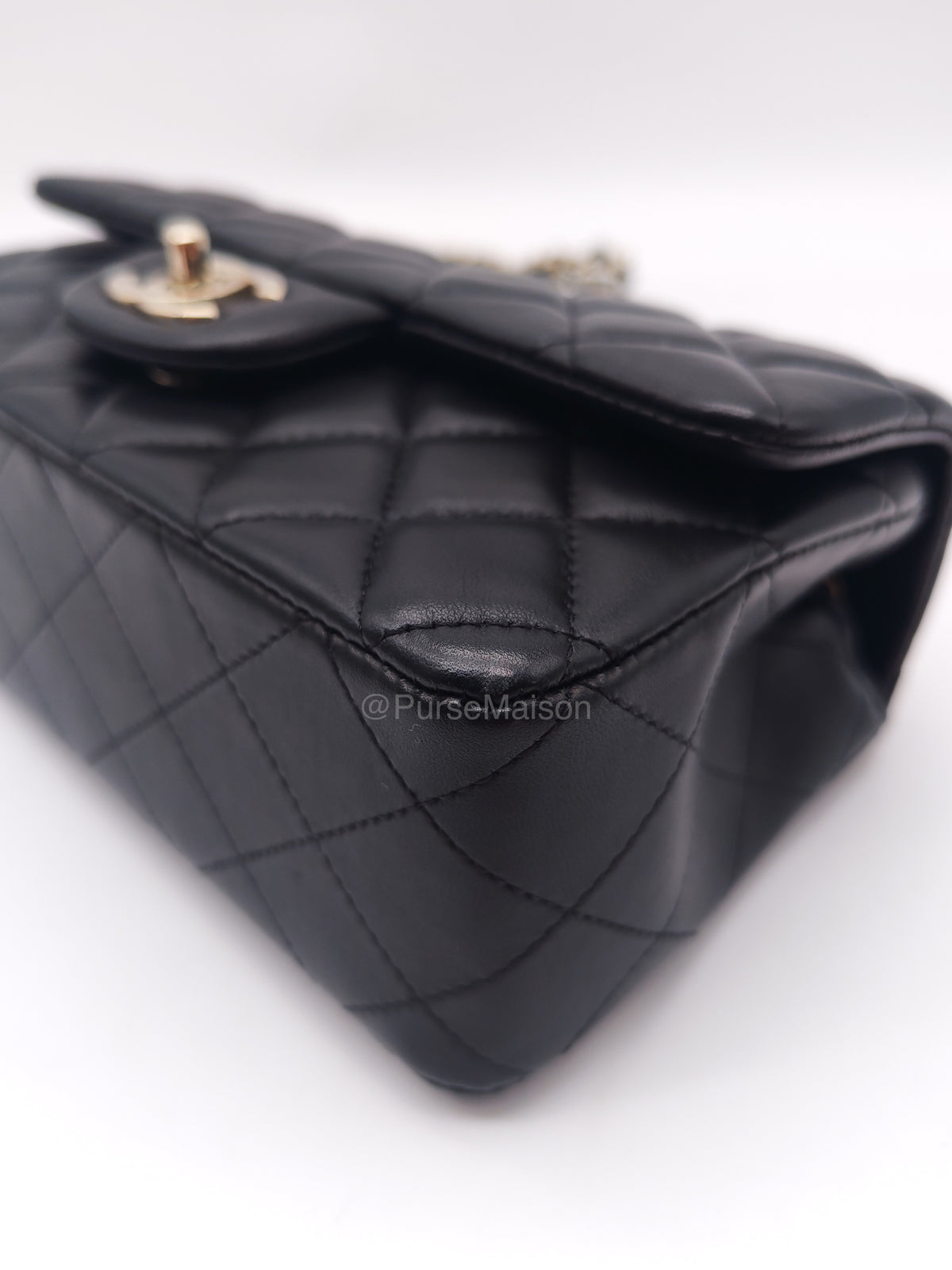Chanel Mini Rectangle in Black Lambskin Leather Light Gold Hardware(Microchip) | Purse Maison Luxury Bags Shop